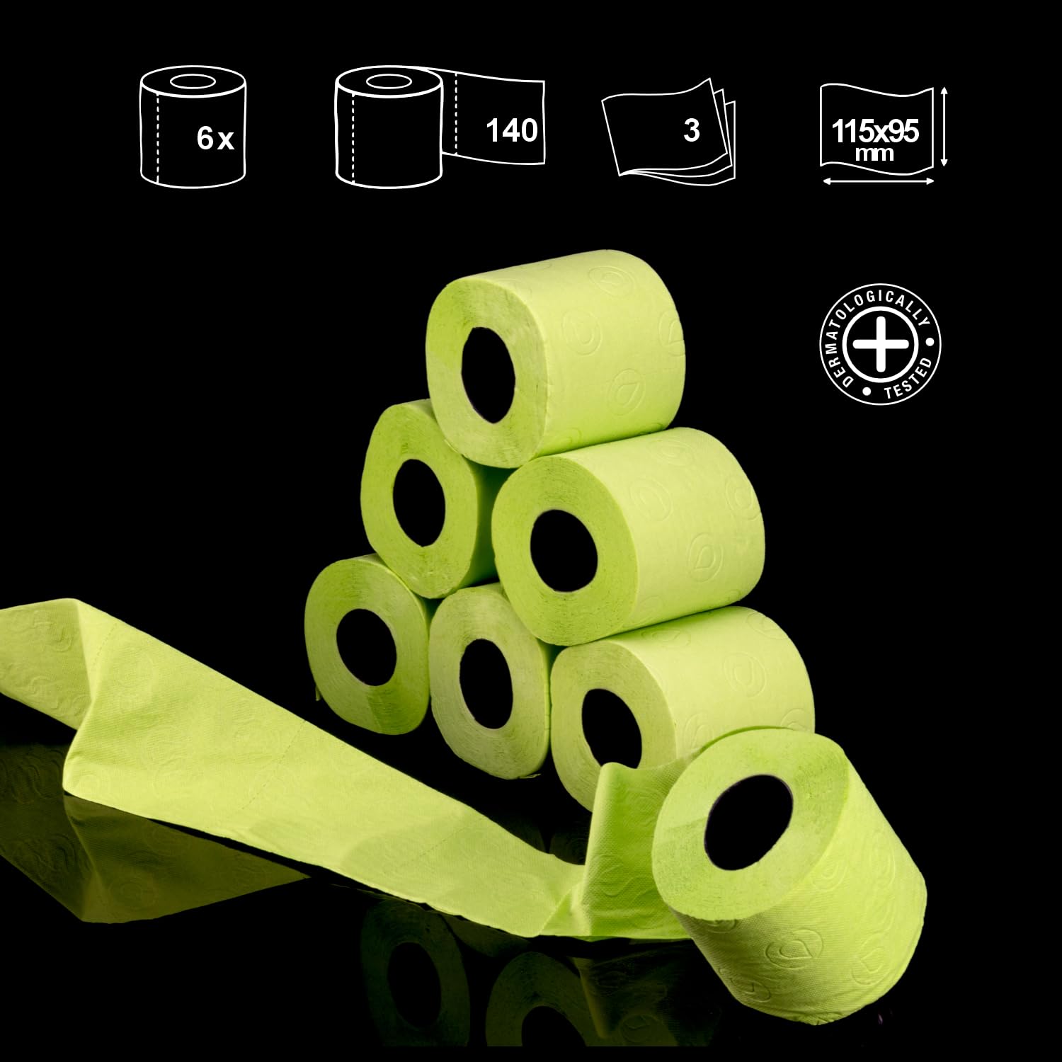 Eco-Friendly Black Label Green Toilet Paper | 6 Rolls | Colored 3-Ply | Double-Sided Softness | Sustainable Bathroom Tissue for Home & Office Use
