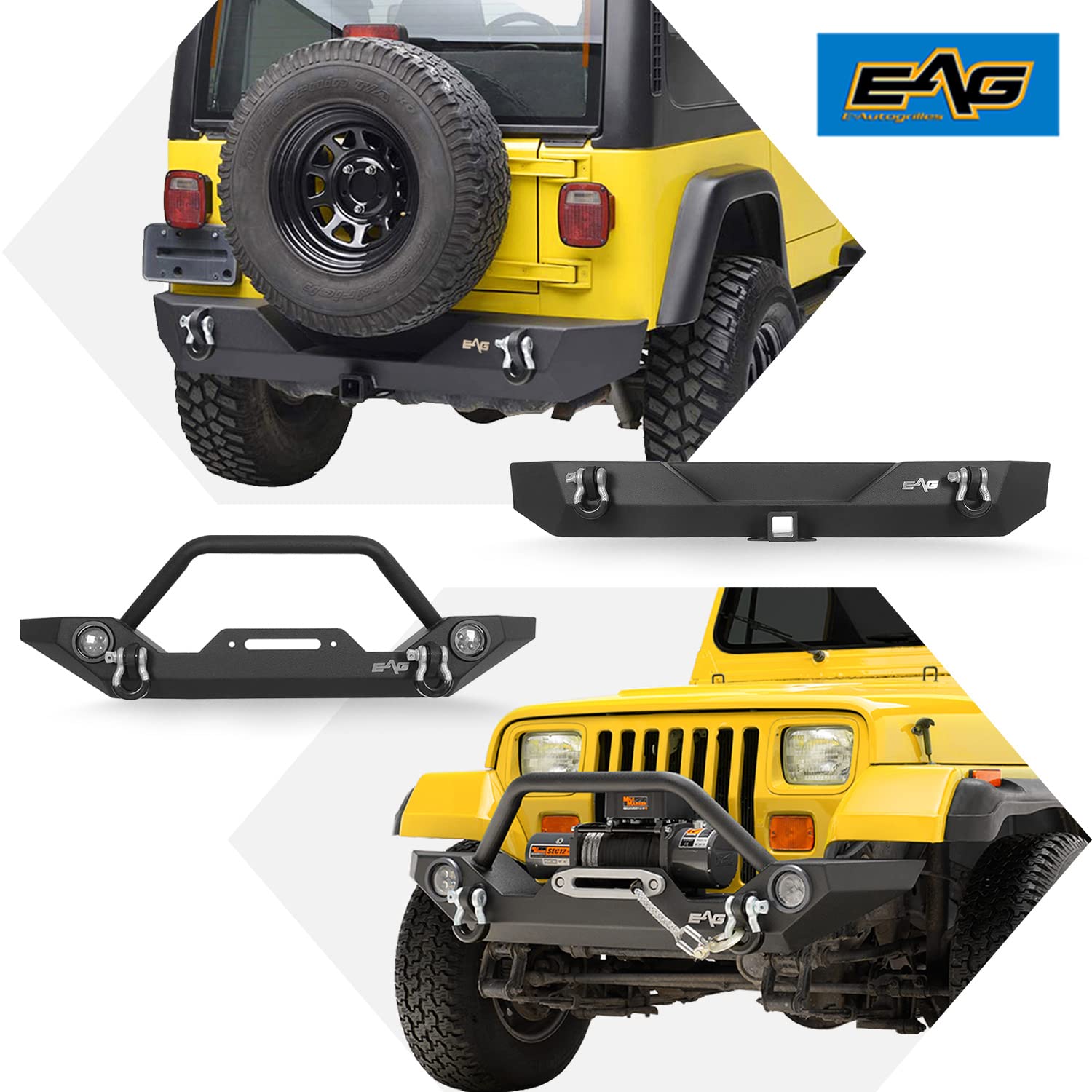 EAG Front & Rear Bumper Combo with LED Lights for 87-06 Jeep Wrangler TJ YJ - Heavy Duty Off-Road Bumpers for Adventure & Trail Riding