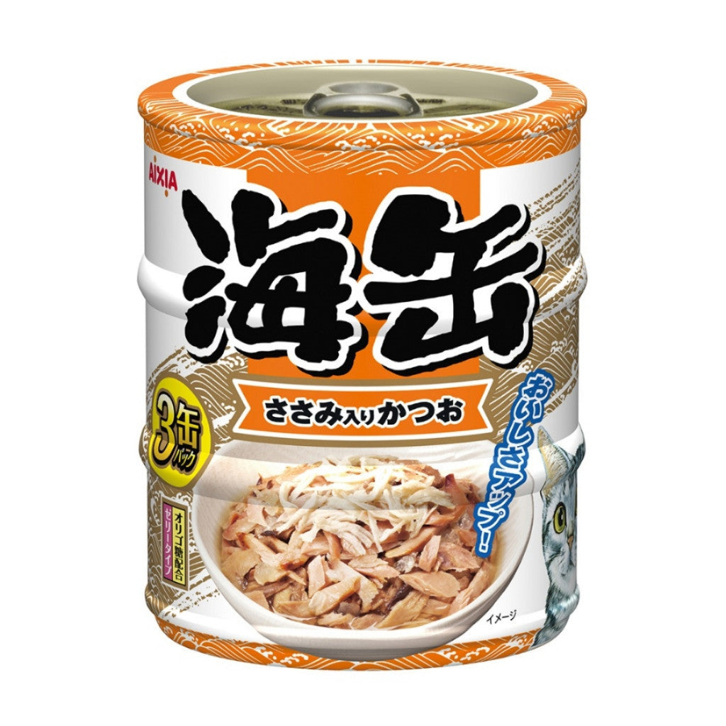 Aixia Umi Can Mini 60g x 3 Cans Skipjack Tuna & Whitebait Cat Food with Chicken Fillet & Dried Skipjack Flakes in Jelly - Delicious Wet Food for Adult Cats, Kittens, and Senior Cats - Perfect for Mealtime, Treats, or Mixing with Dry Food