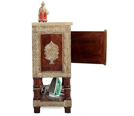 Antique Brass Embossed Solid Wood Cabinet with Brass Fittings - Vintage Ethnic Furniture for Living Room, Bedroom & Office Storage
