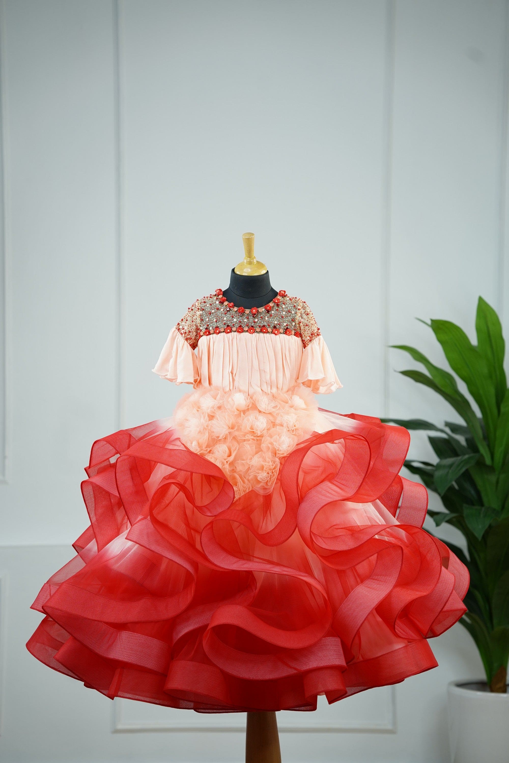 Pre Order: Peach & Red Ombre Gown with Stylish Embellishments - Elegant Formal Dress for Prom, Evening Party & Special Occasions