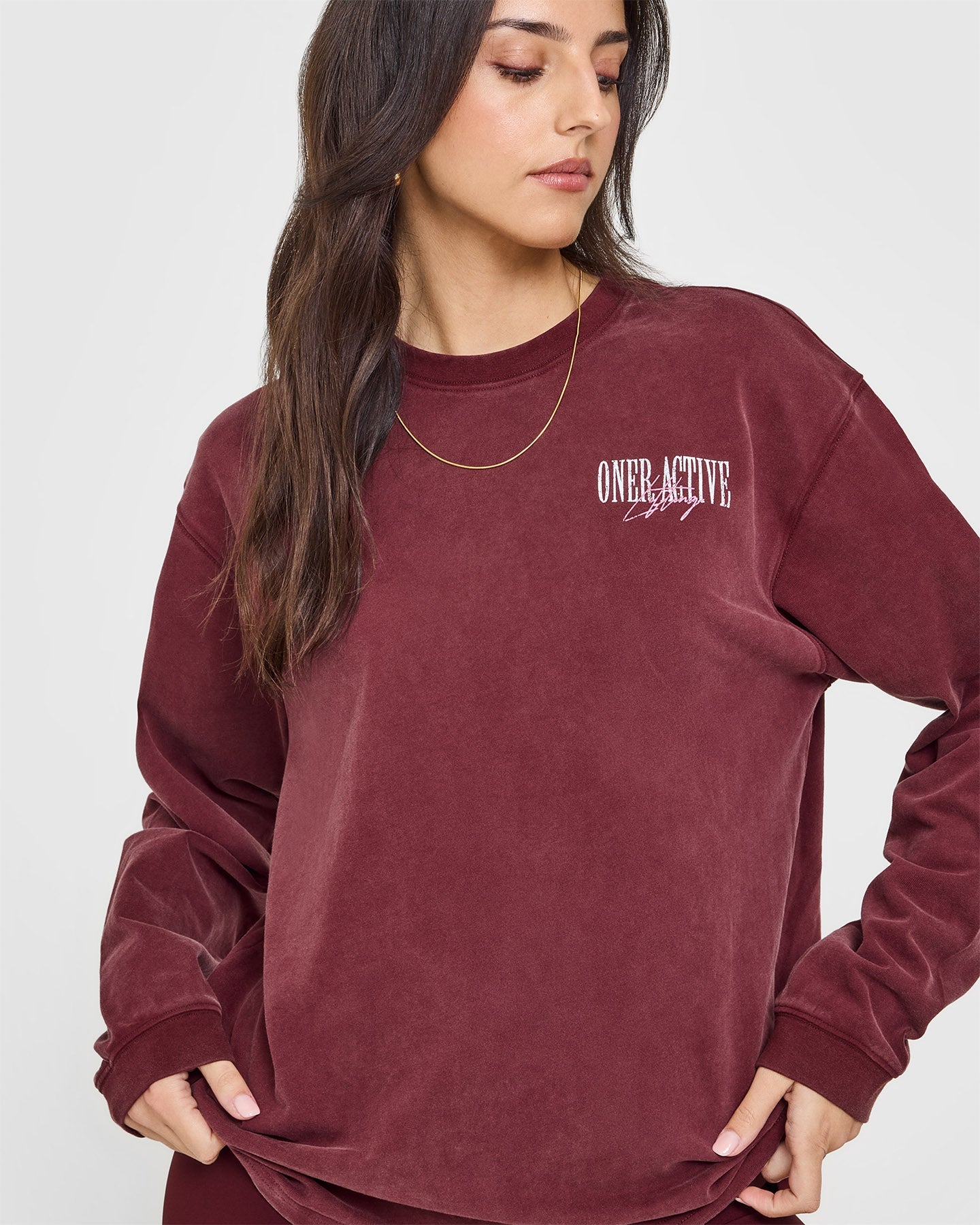 Oner Graphic Washed Long Sleeve T-Shirt for Women | Vintage Rosewood Print | Casual Streetwear & Layering Essential