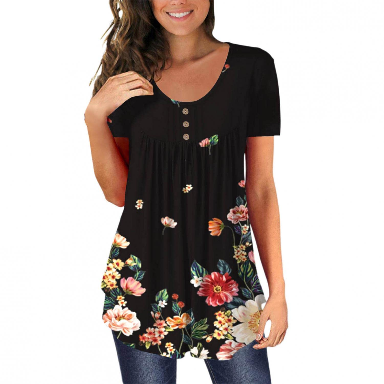 FABIURT Women's Casual Spring Tops 2023 - Short Sleeve V-Neck Henley Button Up Tunic Blouse Shirts | Perfect for Office, Date Night & Weekend Outfits