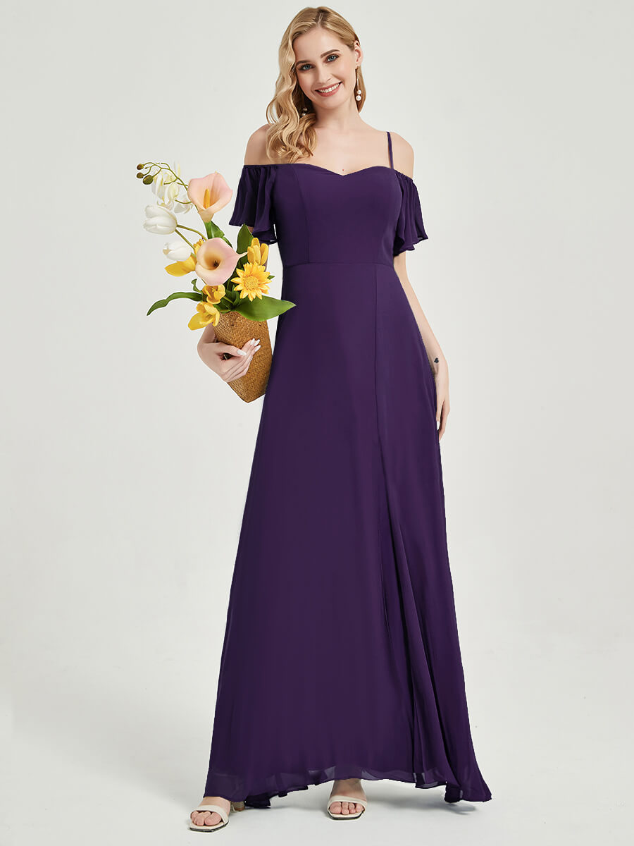 Elegant Dark Purple Short Ruffle Sleeves High Split A-Line Bridesmaid Dress - Perfect for Weddings, Formal Events & Special Occasions