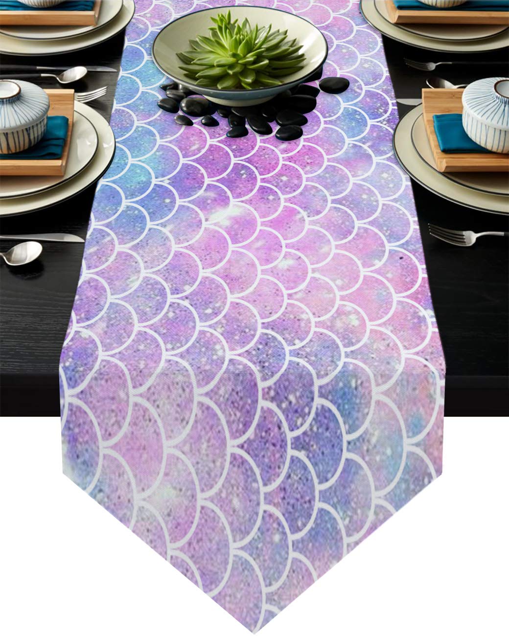 18x72 Inch Glittering Mermaid Scale Cotton Linen Table Runner - Elegant Burlap Dining Table Scarf for Dinner Parties, Holidays & Home Decor | Perfect for Wedding Receptions, Thanksgiving & Christmas Decorations