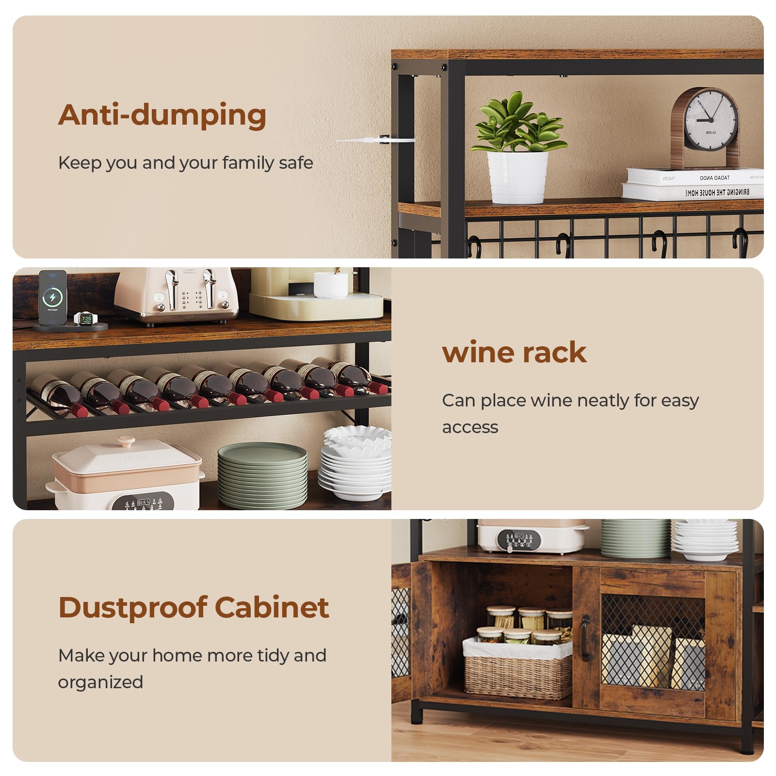 Rustic Brown Bakers Rack with Power Outlet - 47.2 Inch Microwave Stand with Storage Shelves, Coffee Bar Cabinet, Kitchen Pantry Hutch - Includes Side Hooks, Wine Rack & Goblet Holder - Perfect for Kitchen Organization, Coffee Station or Dining Room Storage (Medium Size)
