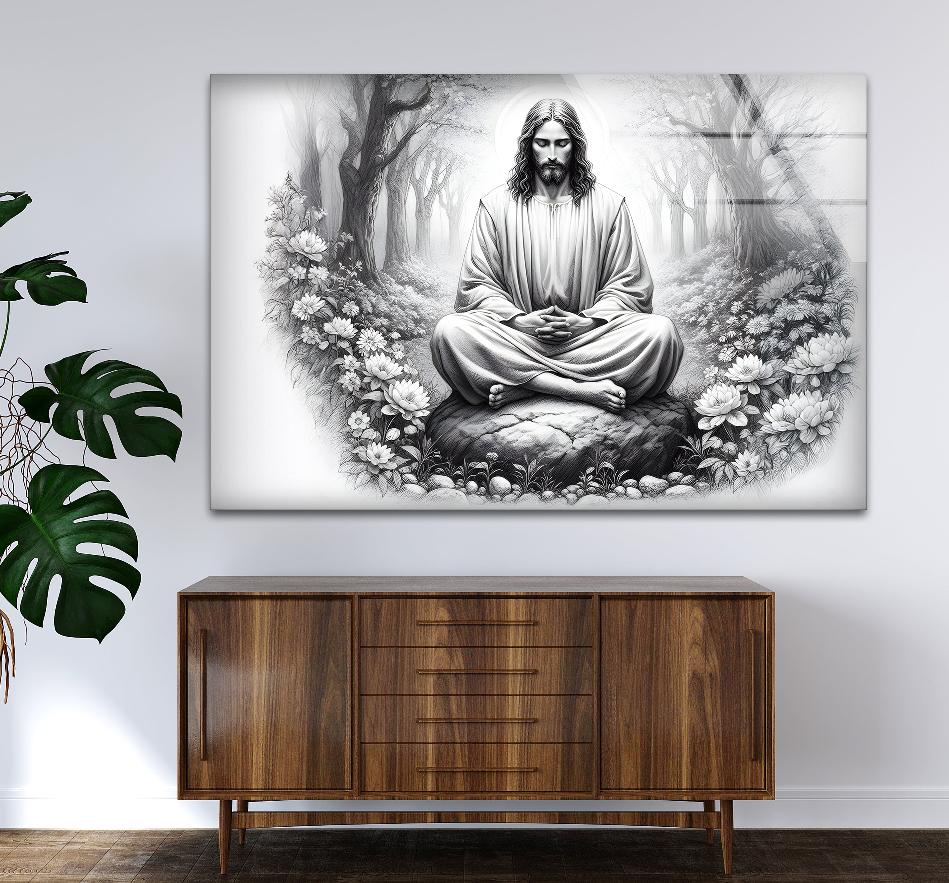 Black and White Jesus Glass Wall Art - Religious Home Decor for Living Room, Bedroom & Church