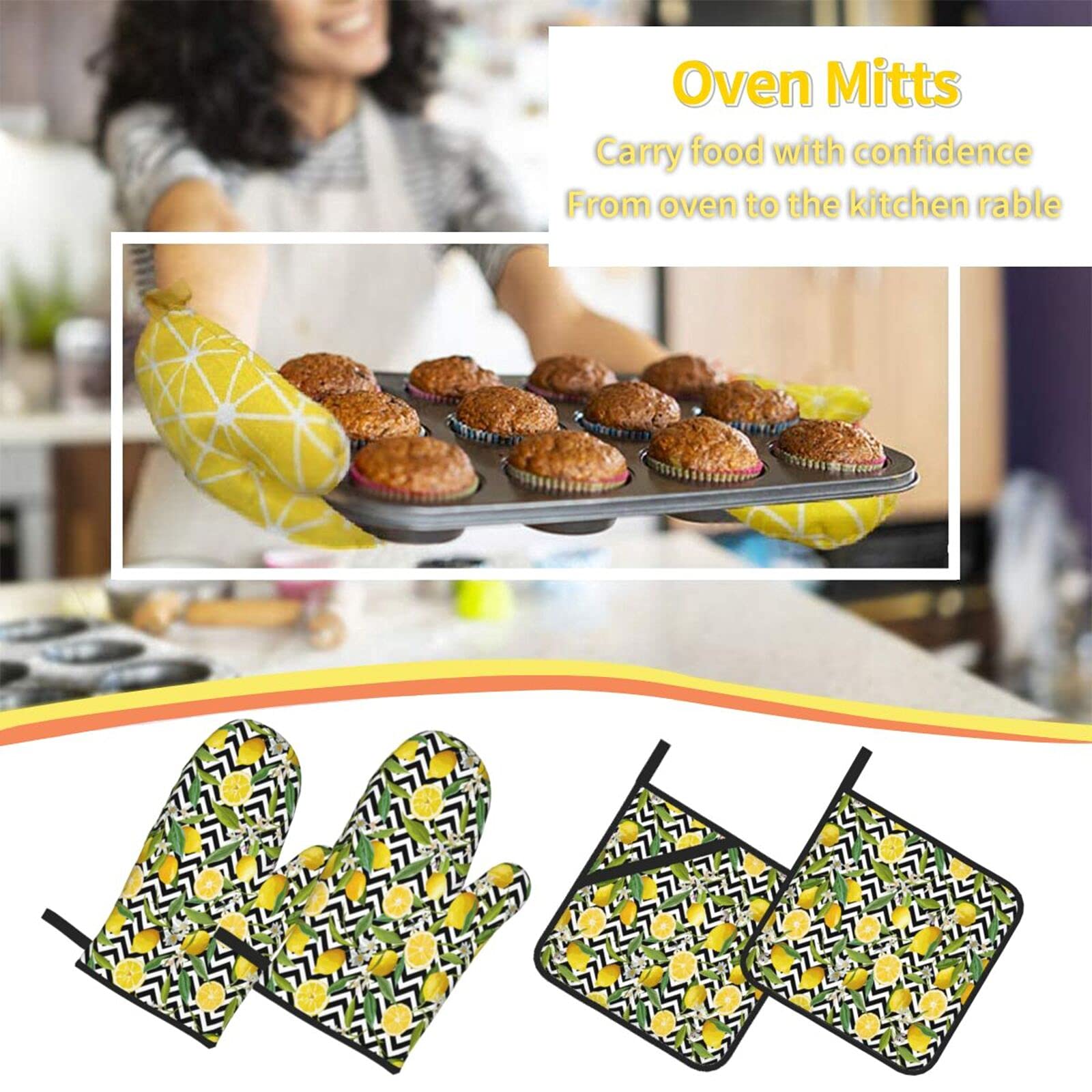 Heat Resistant Oven Mitts and Pot Holders Set - Lemon Black White Chevron Pattern Kitchen Gloves with Cotton Liner for Baking, Cooking, Grilling & BBQ - Perfect for Microwave, Stovetop and Outdoor Cooking
