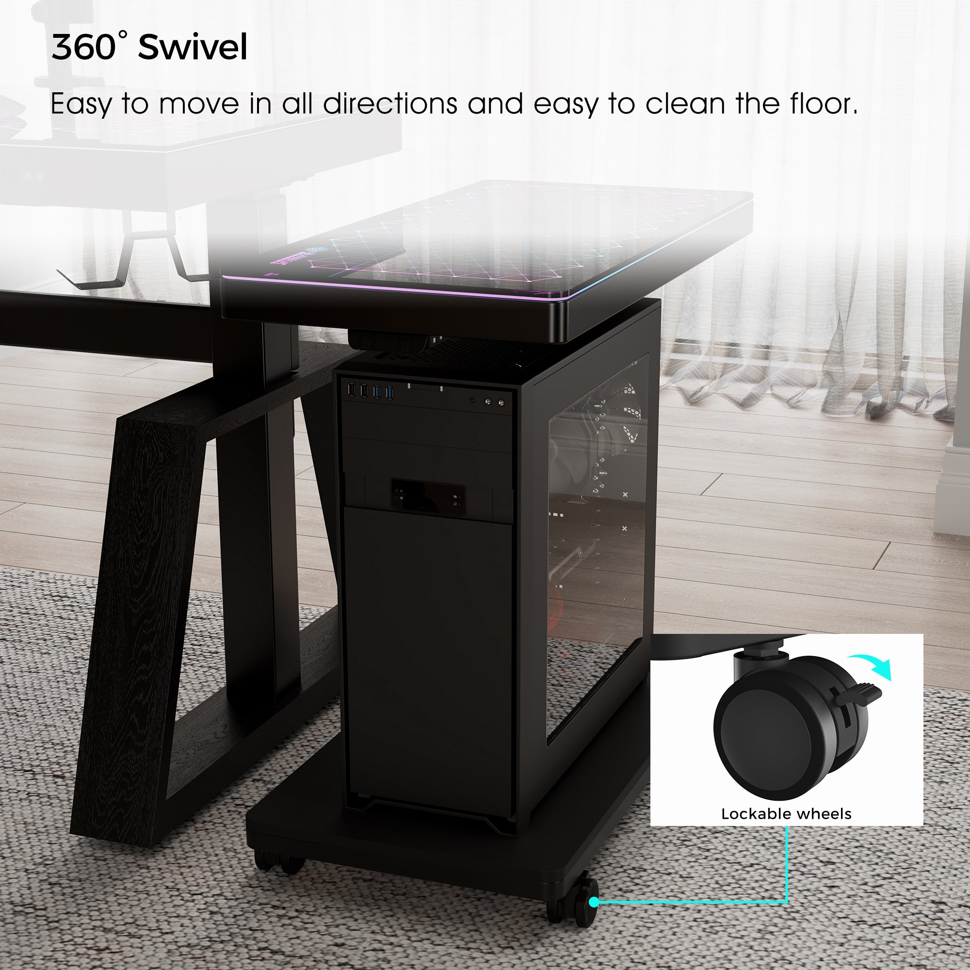 Adjustable Height Illuminated Panel CPU Cart - Mobile Computer Stand with Wheels for Office, Studio, and Home Workspace Organization