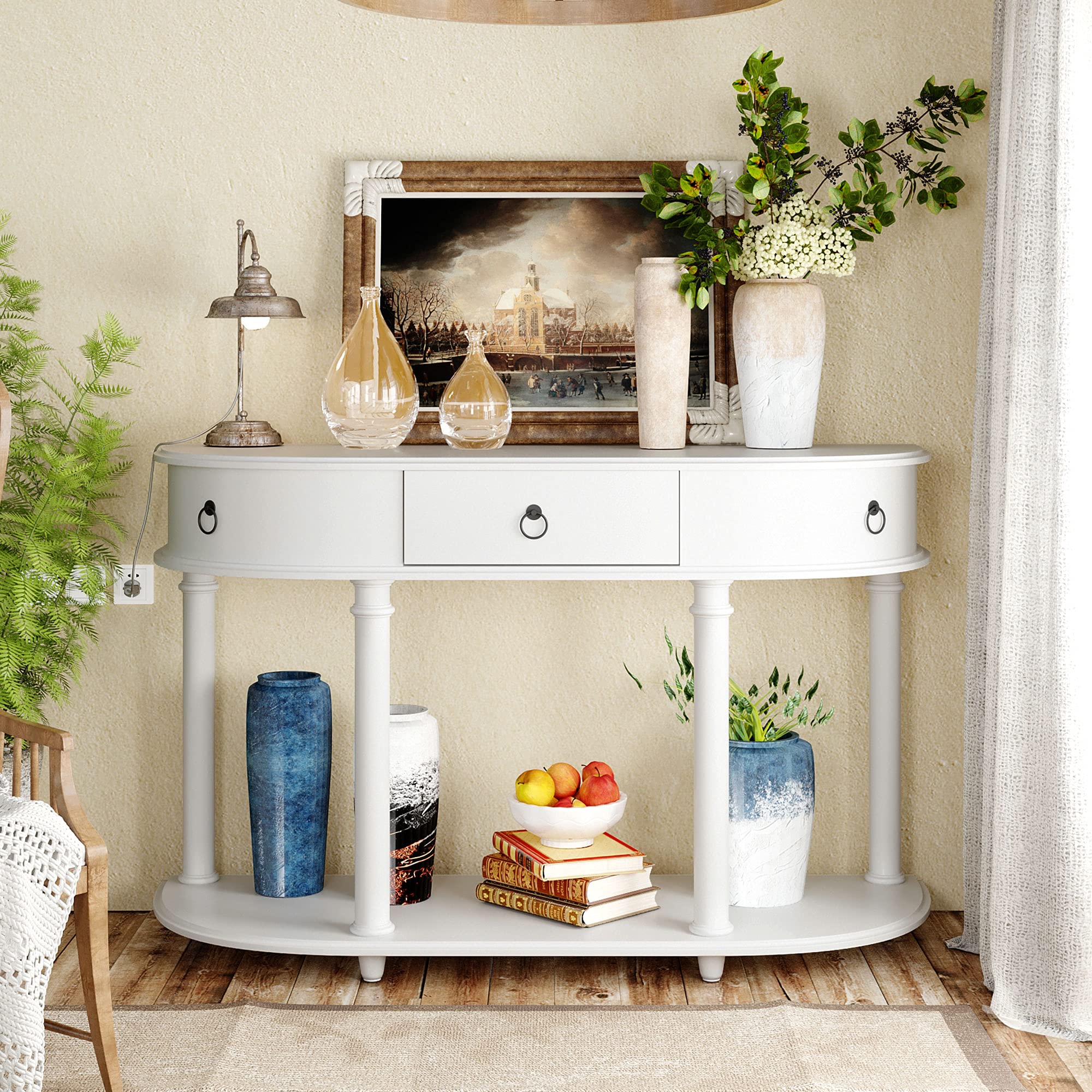 Polibi Retro Curved Console Table - Solid Wood Half Moon Entryway Table with Open Shelf & Drawer | Antique White Vintage Hallway Furniture for Living Room, Foyer & Bedroom Decor | Perfect for Small Spaces, Apartment Entry & Home Organization