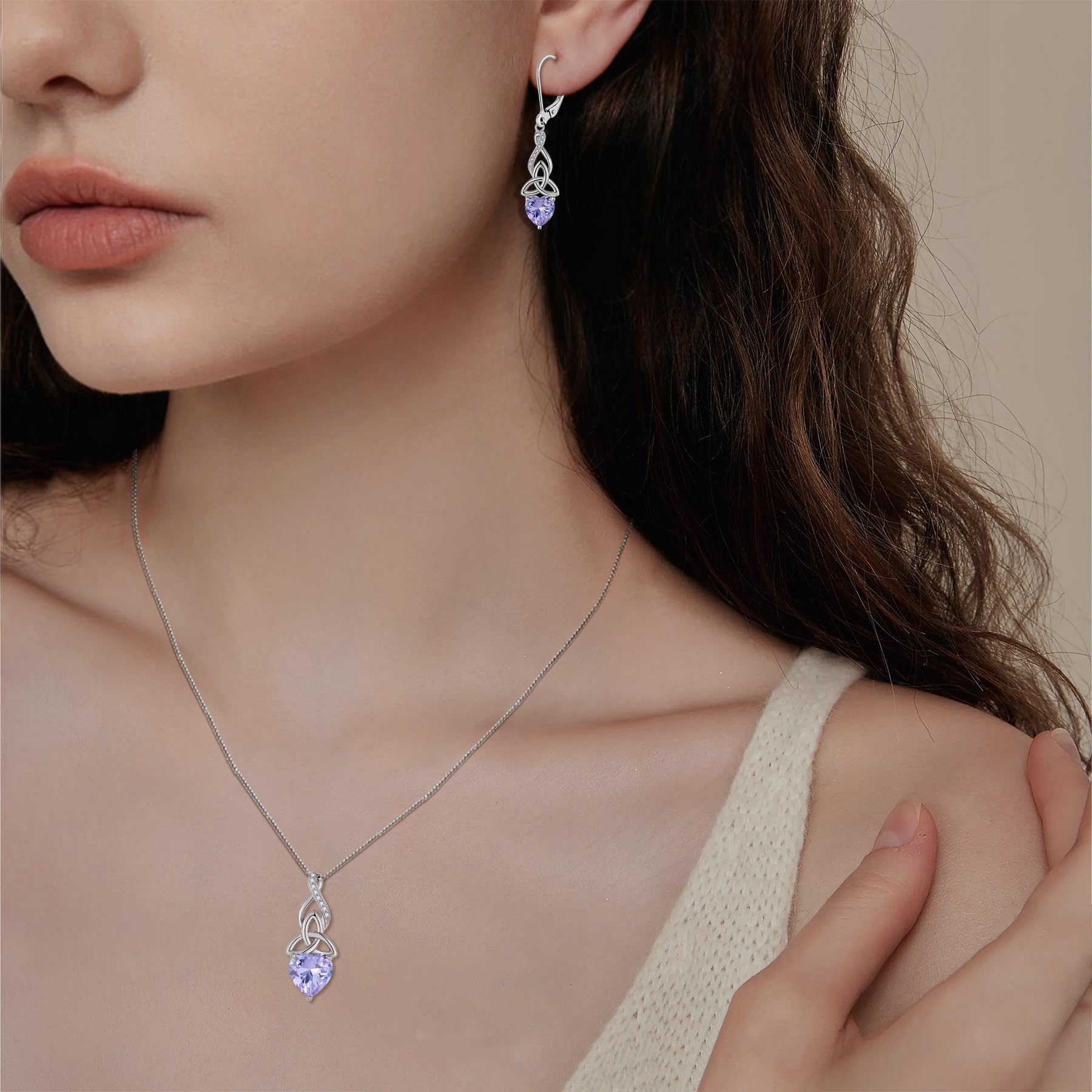 Celtic Knot Jewelry Set for Women - 925 Sterling Silver Irish Necklace & Alexandrite Dangle Earrings - June Birthstone Gift for Mom - Perfect for Weddings, Anniversaries & Special Occasions