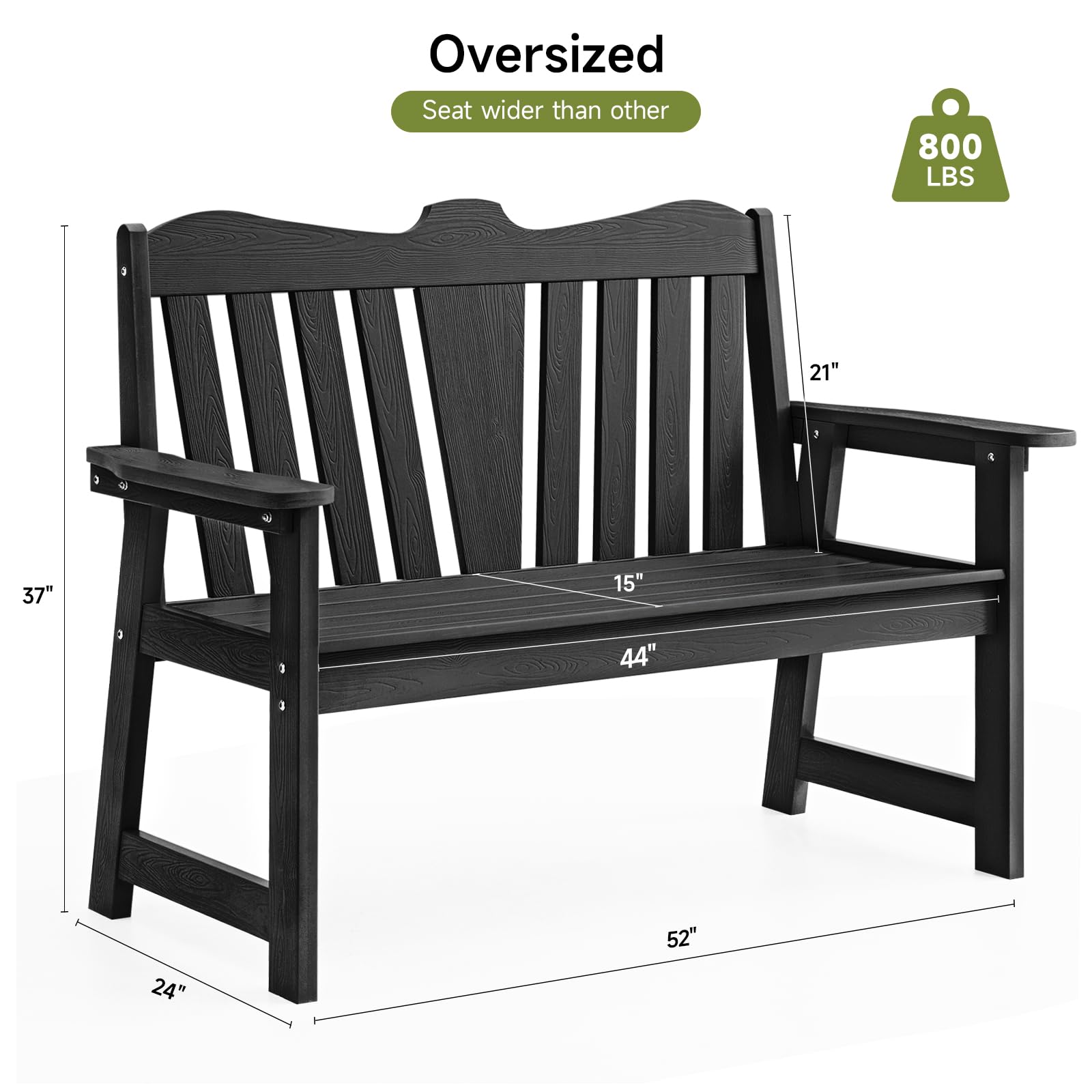 **2-Person Weatherproof Outdoor Bench - All-Weather Garden, Patio, Backyard & Park Bench with Wide Armrests & Backrest - Durable, Fade & Rot Resistant - Easy Assembly - Black - Perfect for Relaxing in Gardens, Porches & Outdoor Spaces**