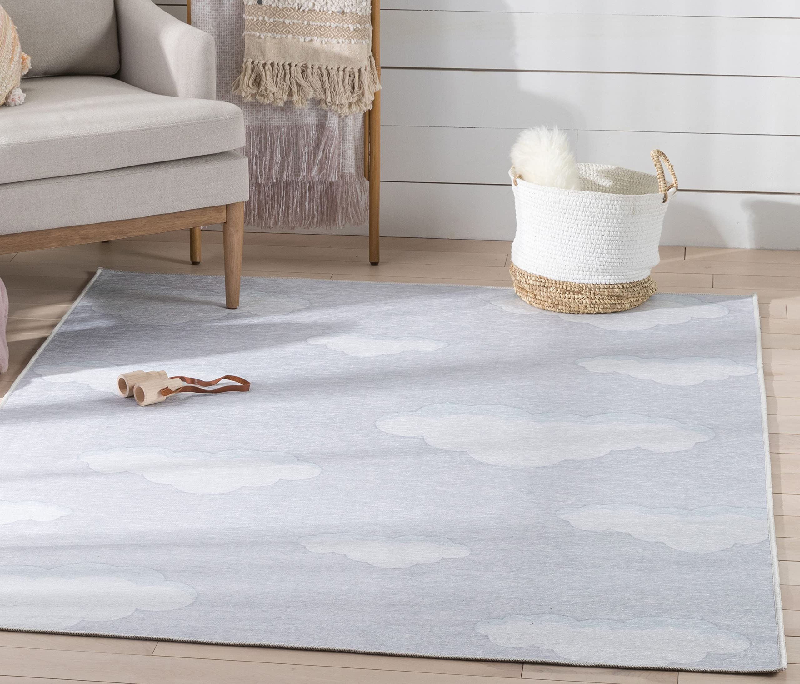 Well Woven Kids Rugs Cloud 9 Grey - Modern Machine Washable 6' x 9' Area Rug for Playroom, Nursery & Bedroom - Soft & Durable Non-Slip Rug for Children's Room Decor
