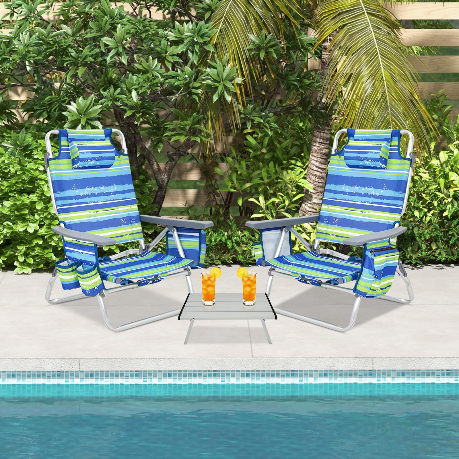 GYMAX 2-Pack Portable Folding Beach Chairs with Backpack Straps, Armrests, Cooler Bag, Cup Holder & Storage Pockets - Lightweight Camping Lounge Chairs for Outdoor, Picnic, Poolside, Backyard & Beach Relaxation (Blue Stripes)