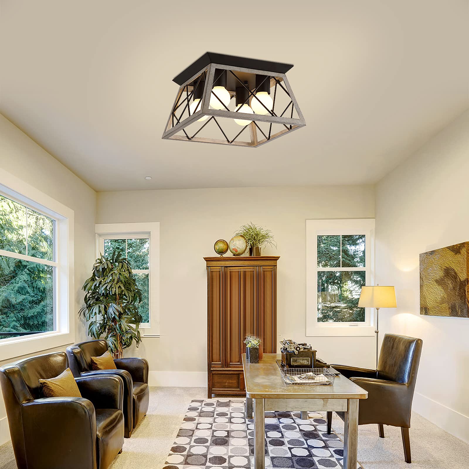 Q&S 5-Lights Rectangular Chandelier & 4-Lights Flush Mount - Rustic Farmhouse Dining Room Lighting Fixture for Kitchen Island, Hallway, Entryway & Foyer | Perfect for Modern Farmhouse Decor & Open Concept Spaces