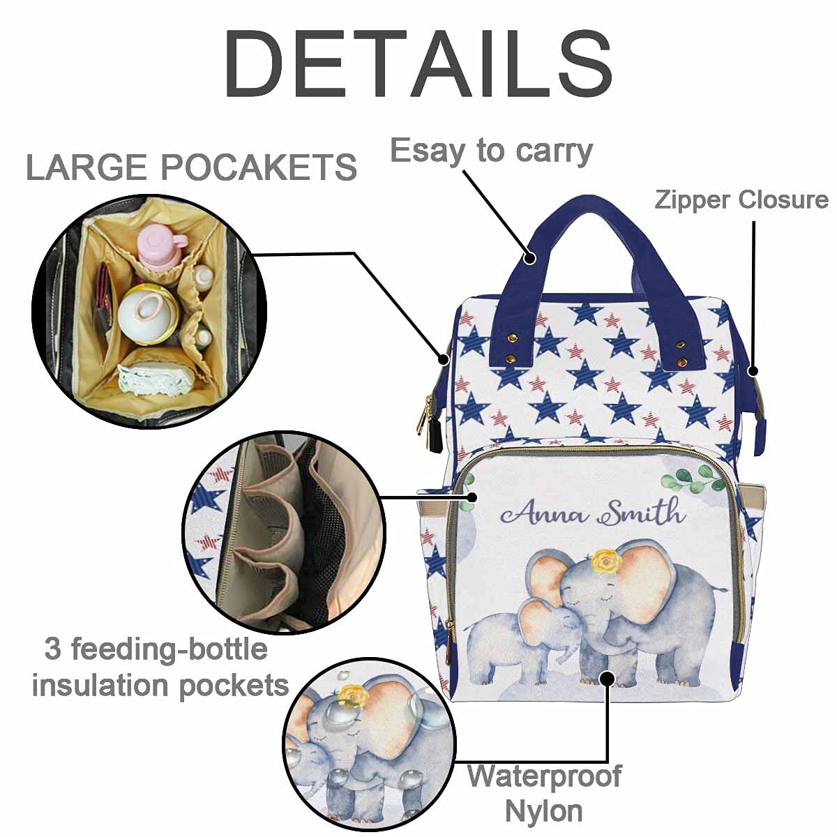 Artsadd Personalized Elephant Star Diaper Backpack - Custom Name Baby Diaper Bag for Boys & Girls, Waterproof Multifunctional Travel Daypack - Perfect Gift for New Parents, Ideal for Daycare, Outings & Family Trips