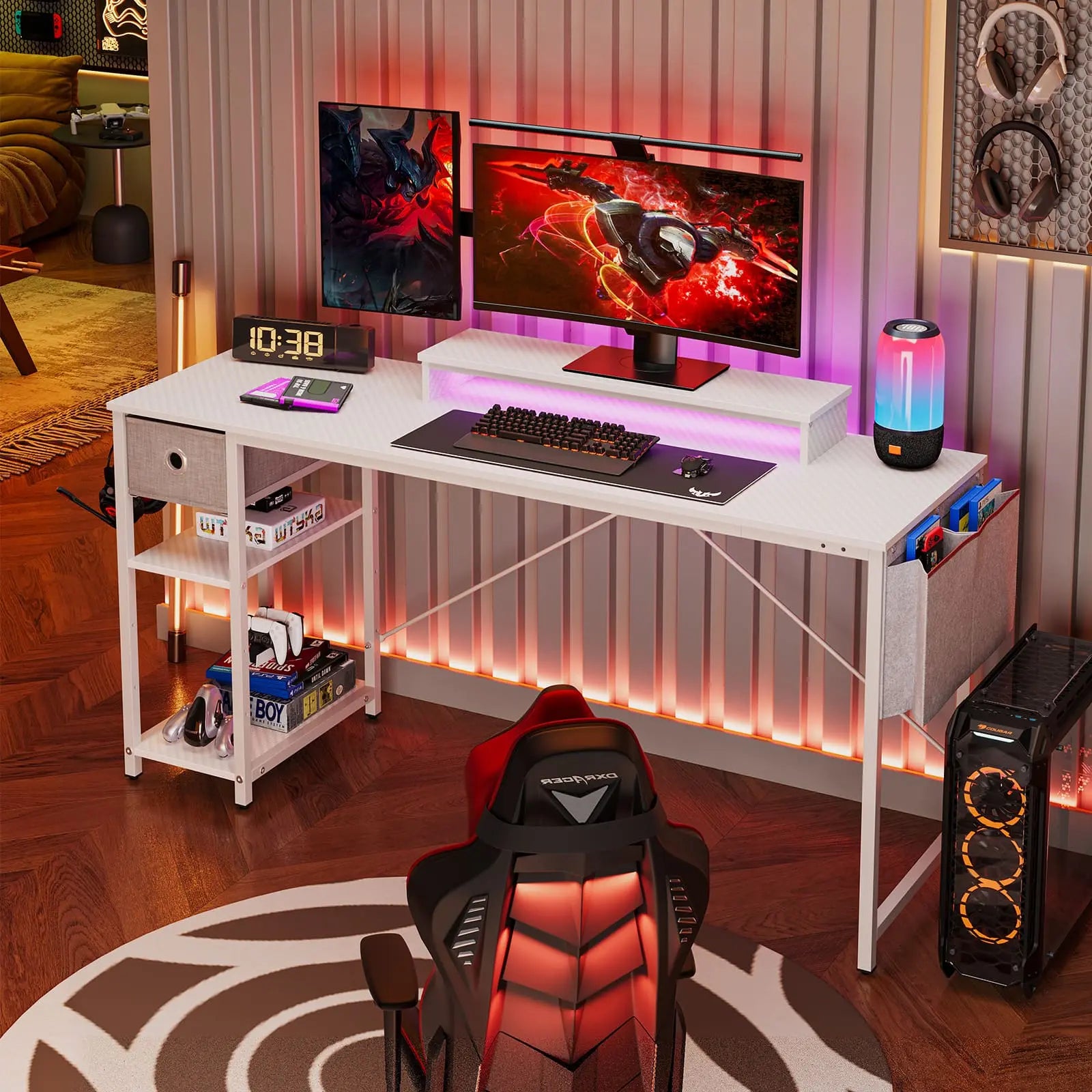 Bestier 61 Inch LED Computer Desk with Adjustable Shelves - Modern Home Office Desk for Work, Gaming & Study - Perfect for Small Spaces & Bedrooms