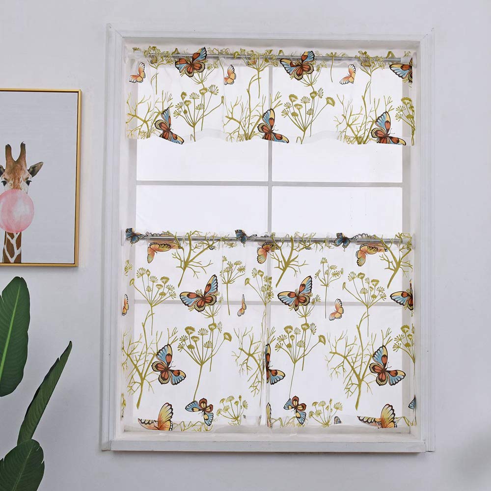 WINYY 3-Piece Butterfly Print Kitchen Window Curtain Set - Voile Tier Curtains with Valance, Rod Pocket Top, Tulle Sheer Drapes for Living Room, Bedroom, Bathroom | Home Decor, Light Filtering, Privacy Window Treatment