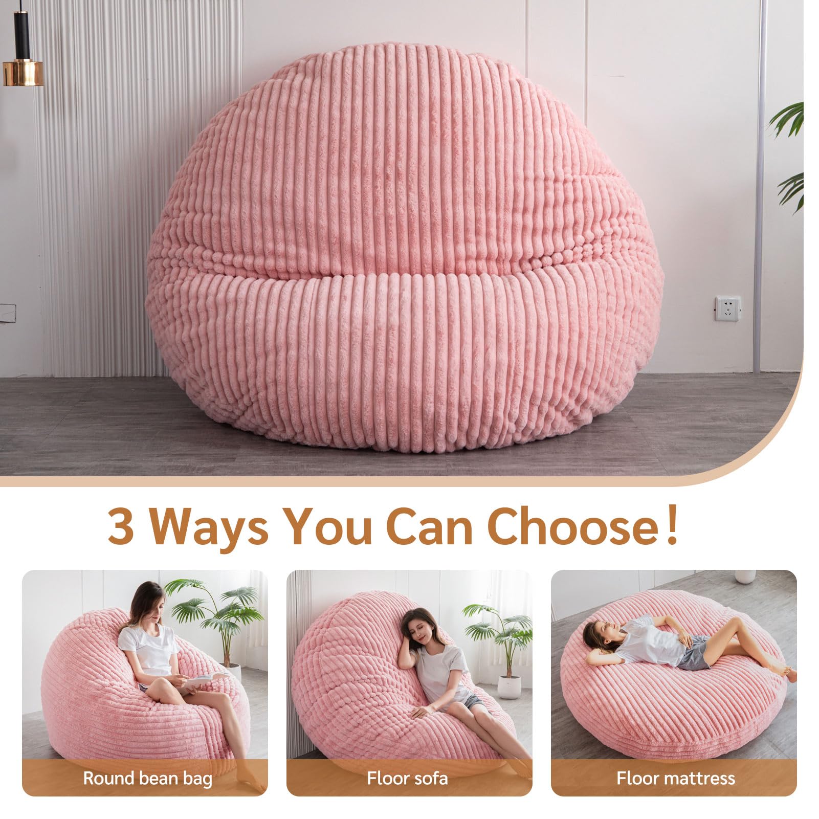 MAXYOYO Giant Round Bean Bag Chair for Adults - Soft Striped Faux Fur Oversized Lounger in Pink | Perfect for Living Room, Bedroom, Game Room & Dorm Relaxation