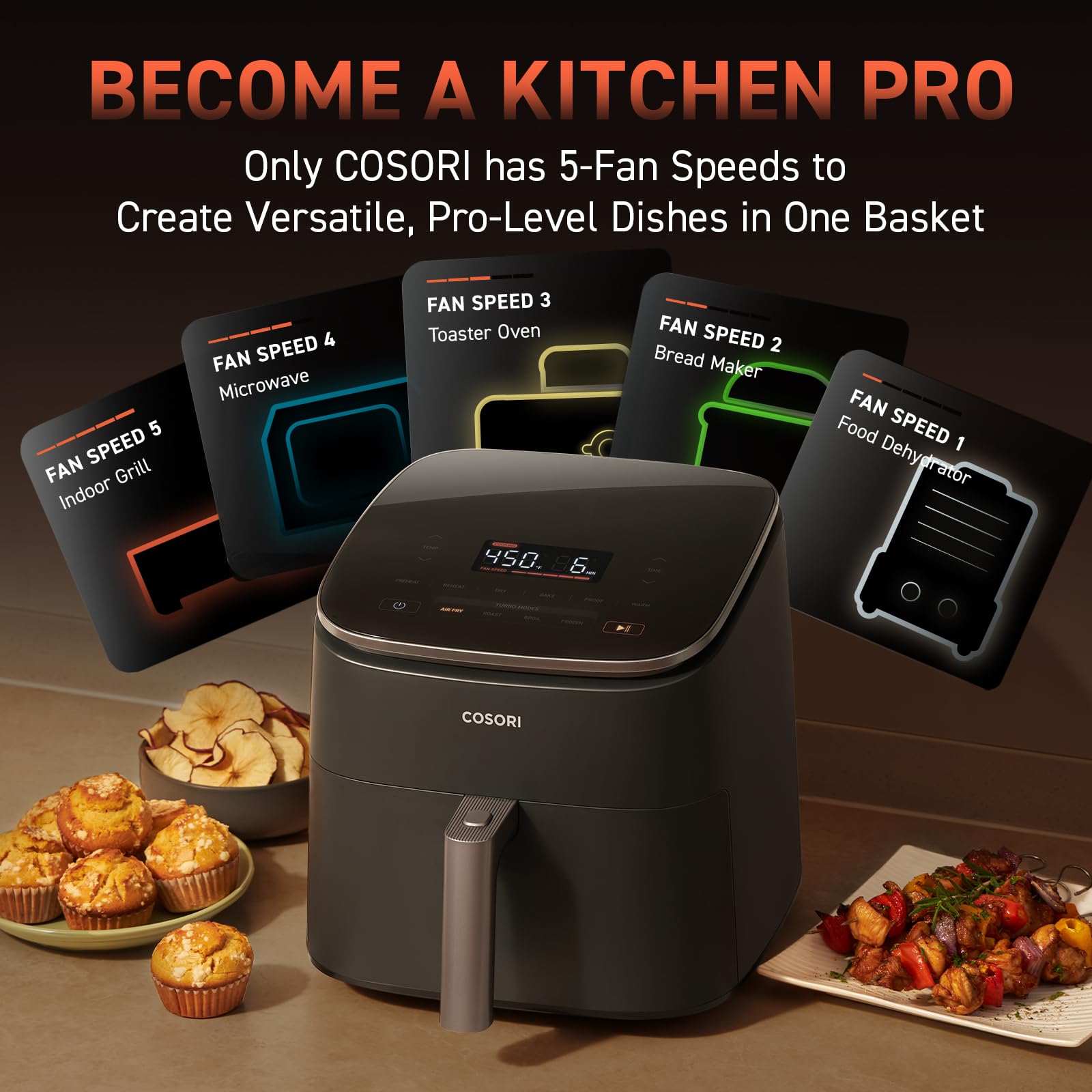 COSORI Air Fryer 6L TurboBlaze - 9-in-1 Compact Air Fryer with 5 Fan Speeds, 30°C-230°C Temperature Range, Oil-Free Cooking, Non-Stick & Dishwasher Safe Basket - Includes 110+ Recipes - Perfect for Healthy Meals, Quick Snacks & Family Dinners