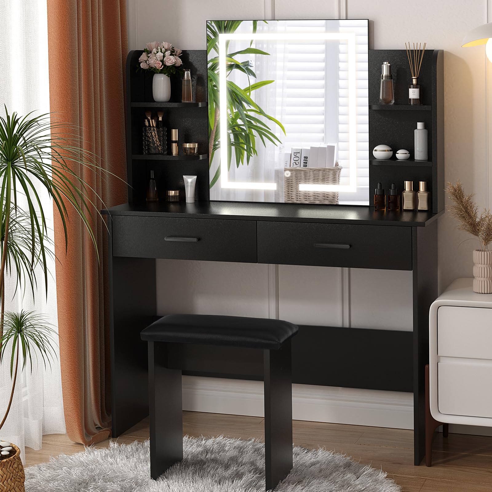 SMOOL Vanity with LED Lighted Mirror - Makeup Vanity Desk with 3 Color Lighting Modes & Adjustable Brightness, Vanity Table with Storage Shelves, Drawers & Stool - Perfect for Bedroom, Dressing Room & Beauty Salon