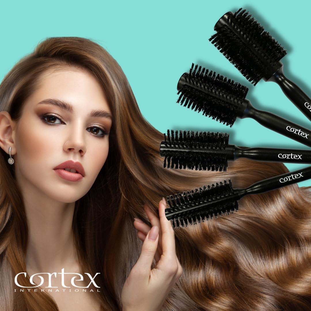 Natural Boar Bristle Round Hair Brush Set - Soft Wooden Brush for Straightening & Styling All Hair Types - Men & Women's Volumizing Hair Tool (4-Piece, Black) - Perfect for Salon Styling, Home Hair Care & Travel Essentials