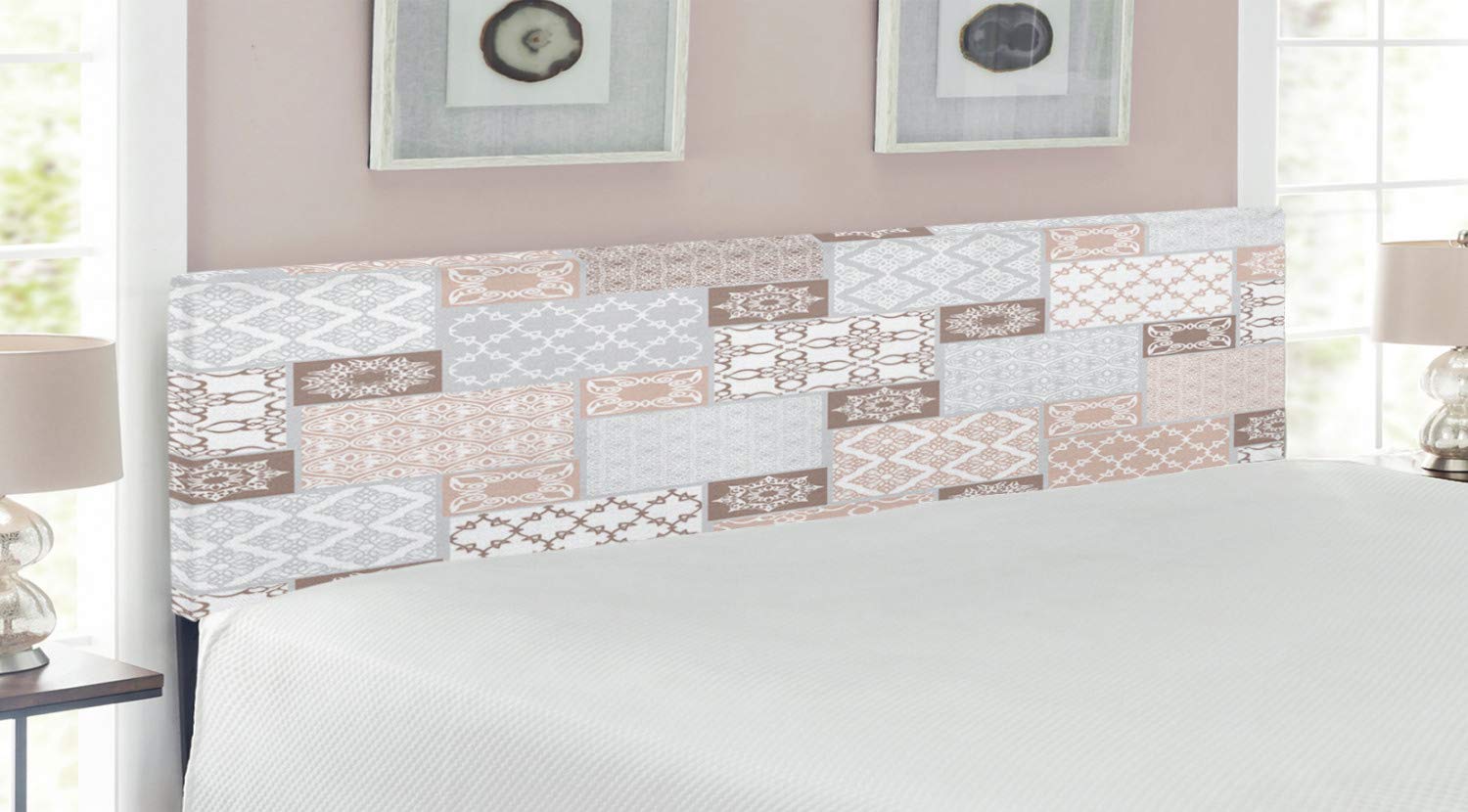 Ambesonne Oriental King Size Headboard - Pastel Patchwork Upholstered Bed Frame with Filigree Ornaments & Memory Foam (White/Beige/Grey) | Elegant Bedroom Decor for Master Suite, Guest Room & Luxury Hotel Stays