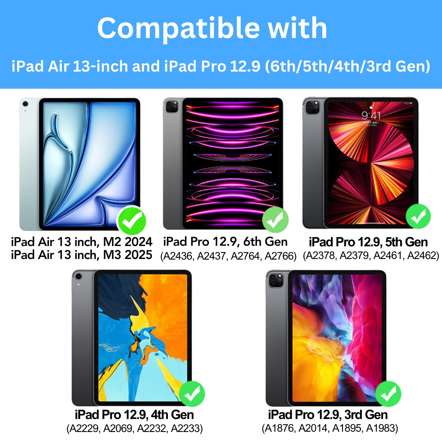 Magnetic Keyboard Case for iPad Air 13 (M3 2025 / M2 2024) & iPad Pro 12.9 inch 6th/5th/4th/3rd Gen - Slim Magic-Style Cover with Multi-Touch Trackpad & Floating Stand - Perfect for Typing, Drawing, and Office Work