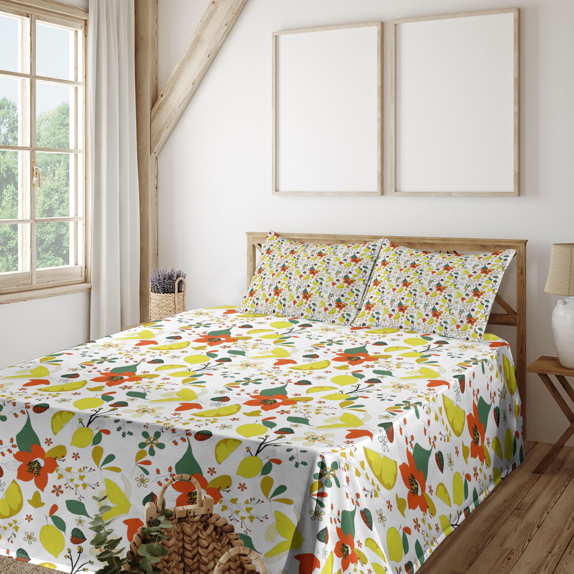 Ambesonne Floral Sheet Set 4-Piece King Size - Spring Flowers with Lemon Leaves Inspirational Design, Fitted & Flat Sheets with Pillowcases - Red Yellow Forest Green Bedding for Master Bedroom & Guest Room Decor