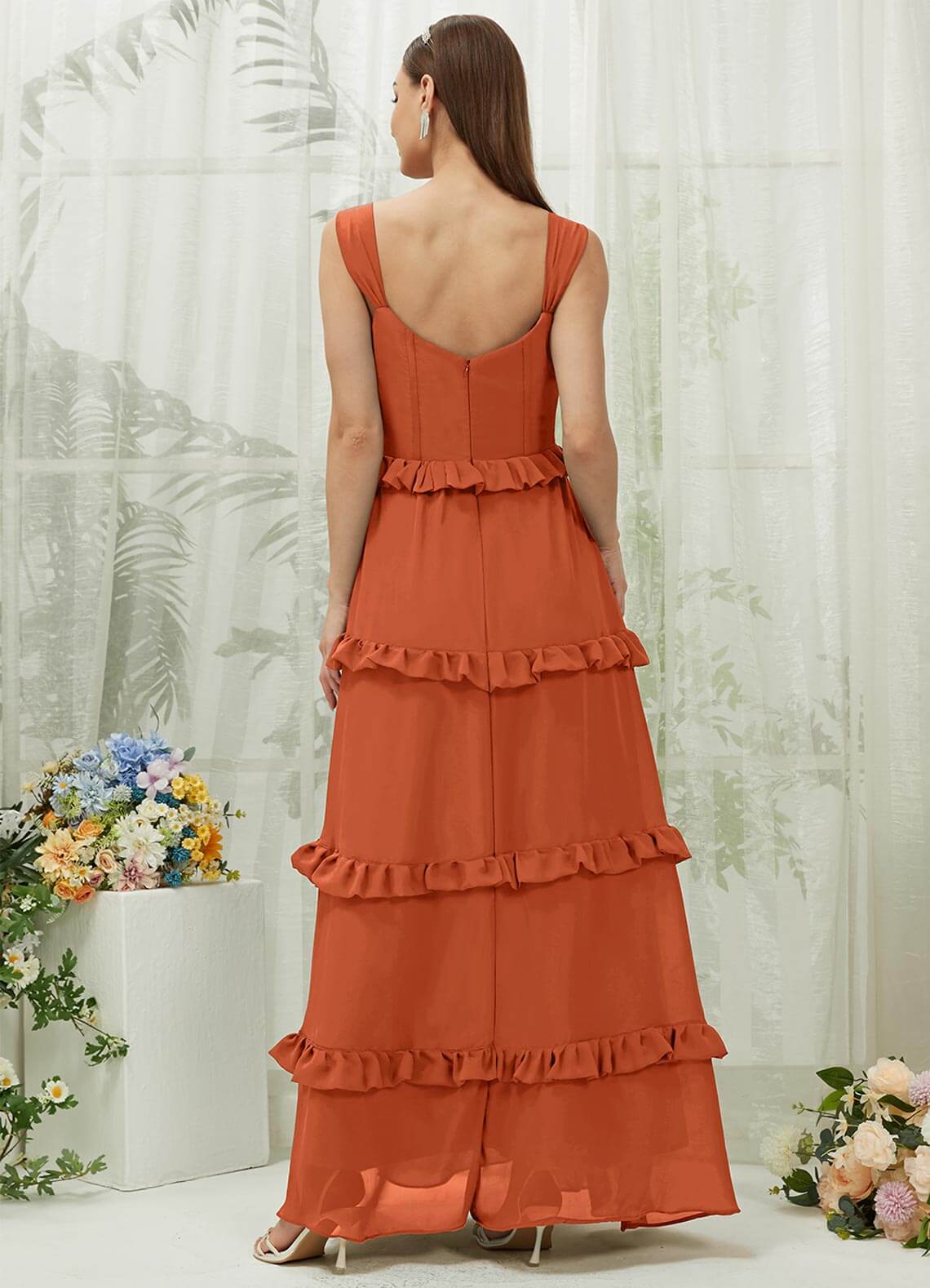 Elegant Burnt Orange Chiffon Sweetheart Neckline Tiered Maxi Bridesmaid Dress - Perfect for Weddings, Formal Events & Special Occasions