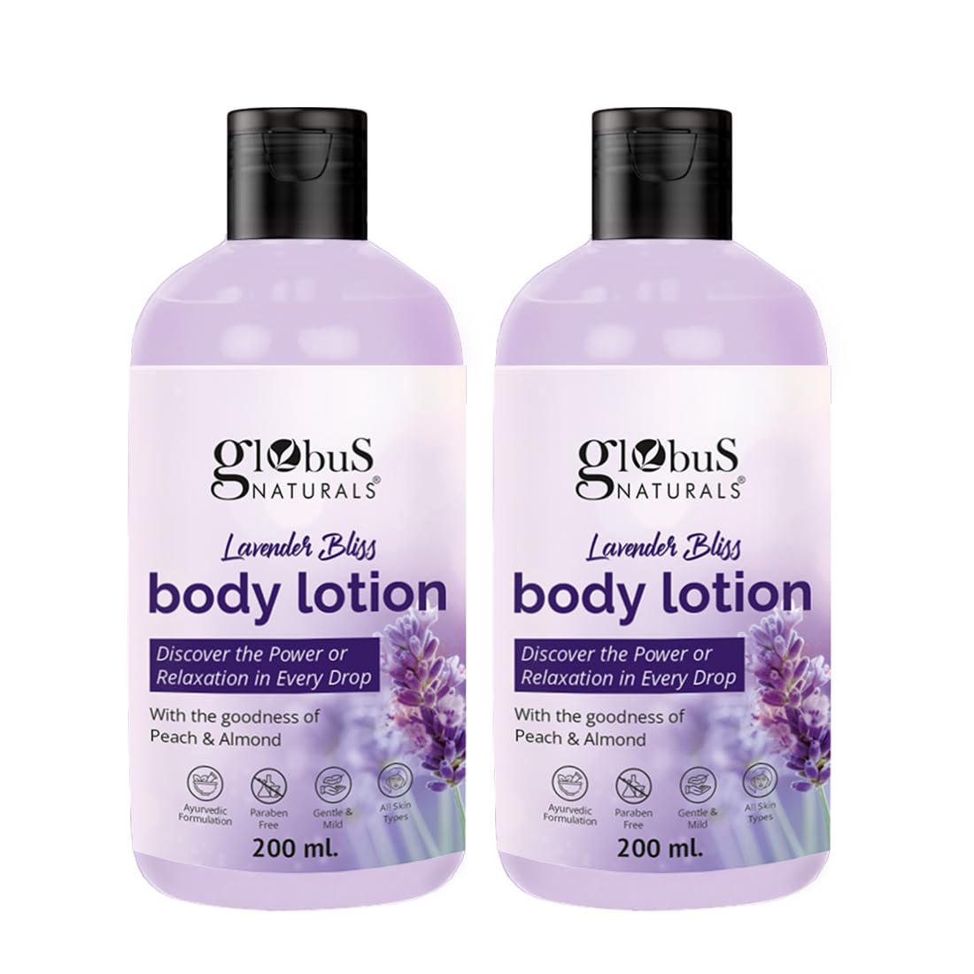 Globus Naturals Lavender Bliss Body Lotion with Coconut Oil & Cucumber Extracts - Ayurvedic, Paraben-Free Moisturizer for Dry, Sensitive & All Skin Types - 200ml (Pack of 2) - Perfect for Daily Hydration, Relaxation & Aromatherapy
