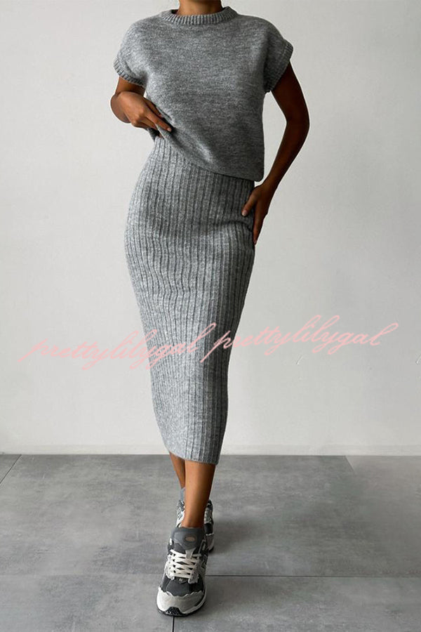 Triko Knit Short Sleeve Sweater & Stretch Ribbed Midi Skirt Set for Women | Casual Outfit for Spring & Fall | Perfect for Office, Date Night & Weekend Brunch
