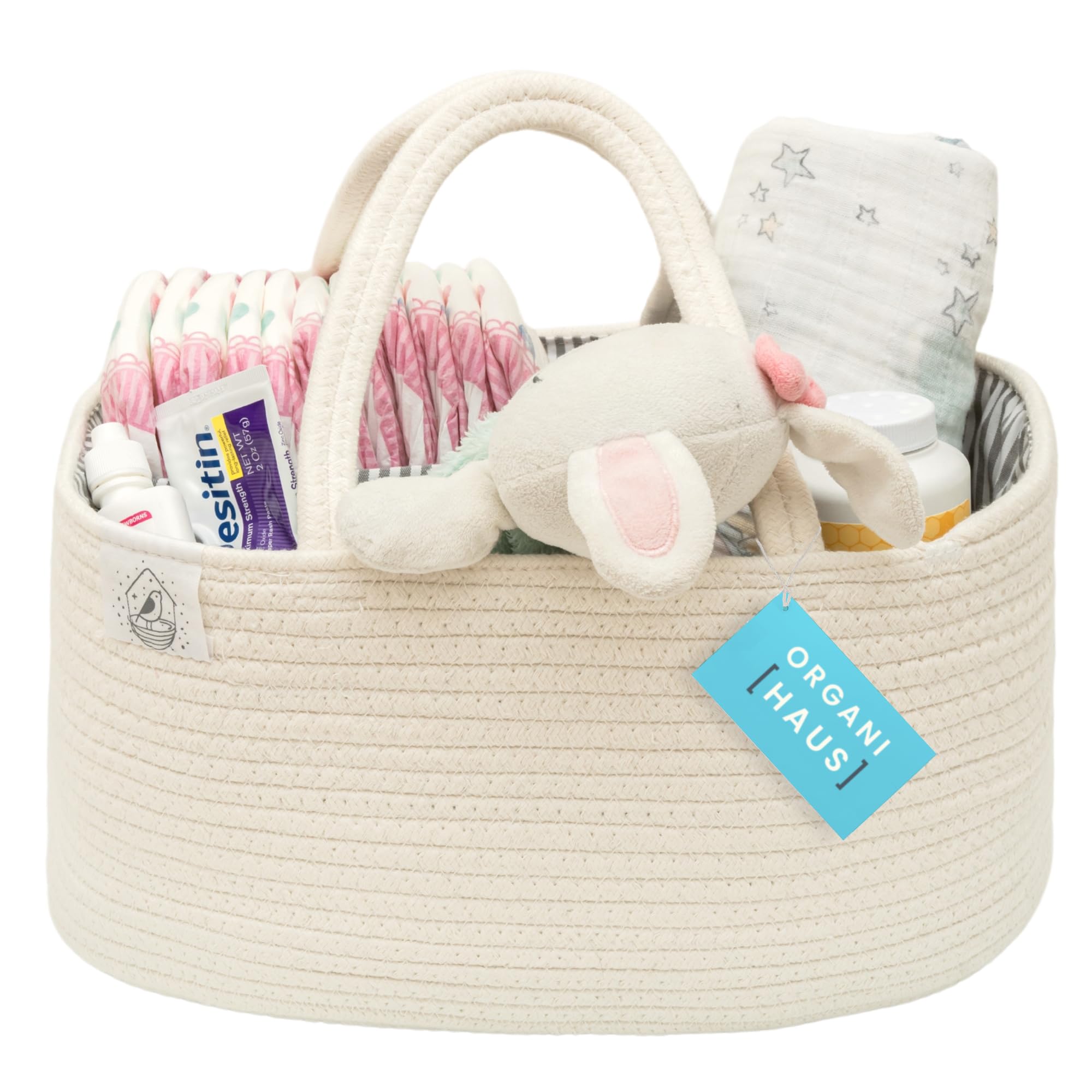 OrganiHaus Rope Diaper Caddy Basket - Baby Changing Organizer with Dividers & Handles, Nursery Storage Basket for Newborn Essentials | Perfect Baby Shower Gift & Changing Table Organizer (White) - Ideal for Diaper Storage, Baby Wipes, Lotions & Nursery Organization