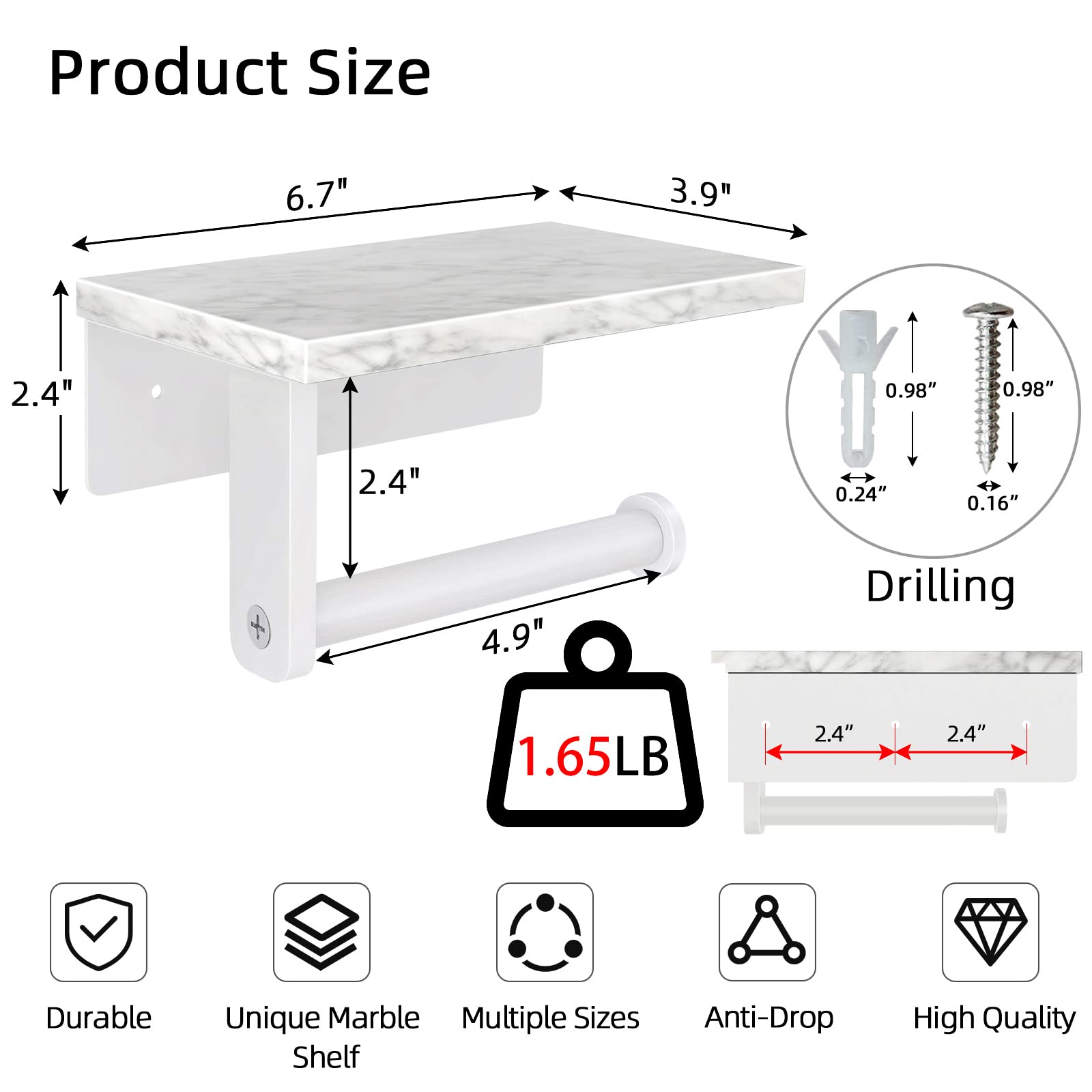 Natural Marble Toilet Paper Holder with 304 Stainless Steel Screw - Wall Mounted Bathroom Tissue Roll Dispenser for Washroom - Elegant White Finish | Perfect for Modern Homes, Apartments & Luxury Bathrooms