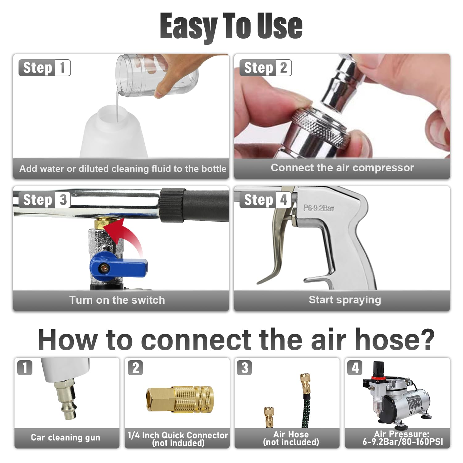 High Pressure Car Cleaning Air Blow Gun with 1L Foam Bottle & 2 Nozzles - Interior Detailing Tool for Vehicle Upholstery, Carpet & Seat Cleaning - Perfect for Auto Detailing, Car Wash & Home Cleaning