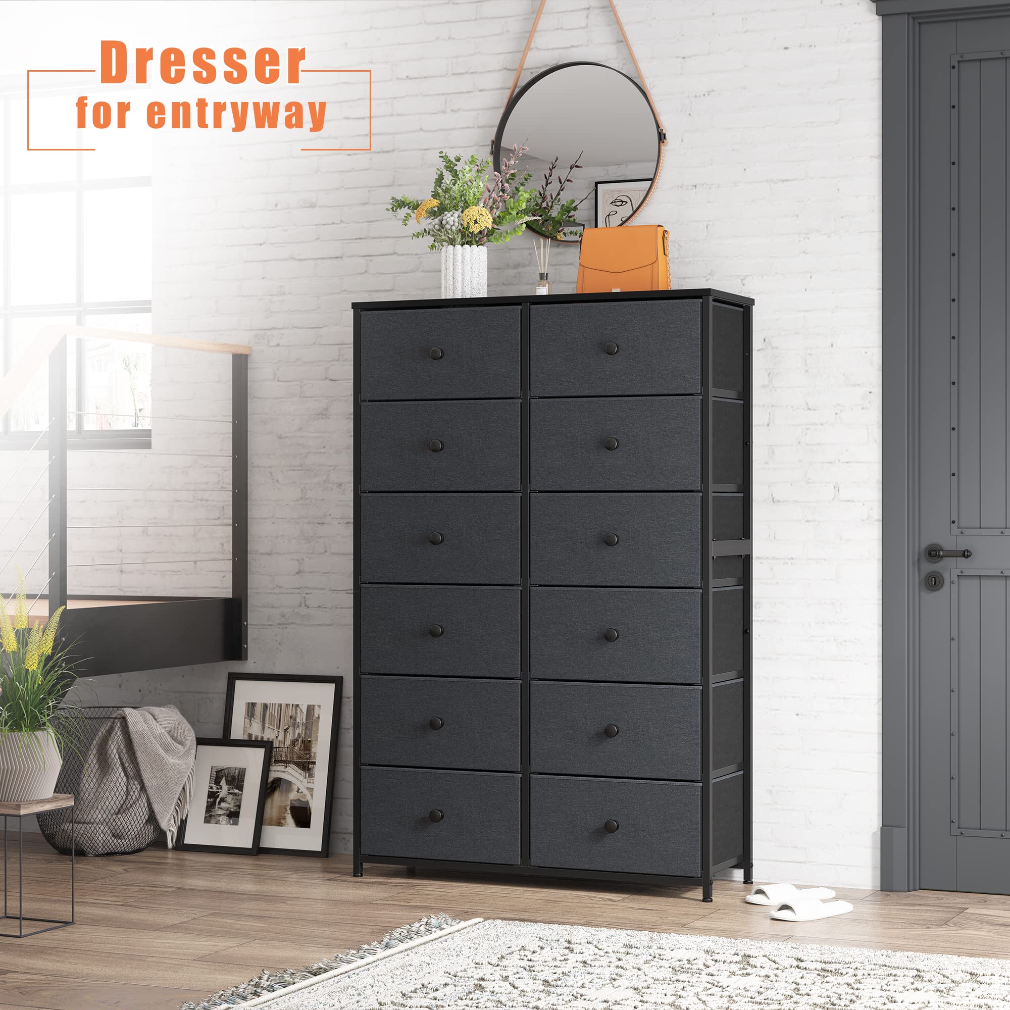 12-Drawer Tall Dresser for Bedroom - Black & Grey Wooden Top Metal Frame Chest of Drawers - 34.8