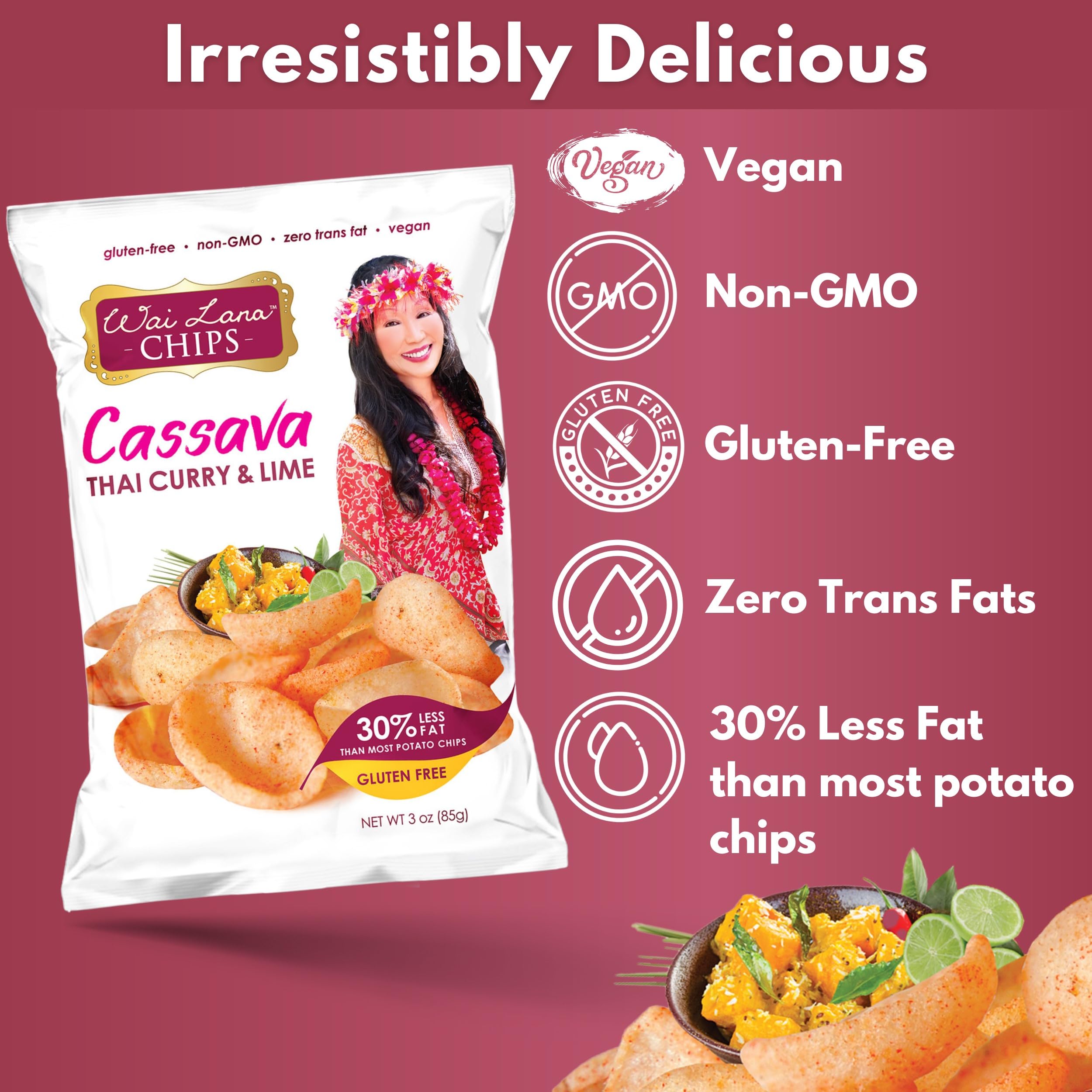 Gluten Free Non-GMO Vegan Cassava Chips - Thai Curry & Lime Flavor (6 Pack of 3oz Bags) | Zero Trans Fats | Healthy Snack for Parties, Travel & Keto Diet | Wai Lana