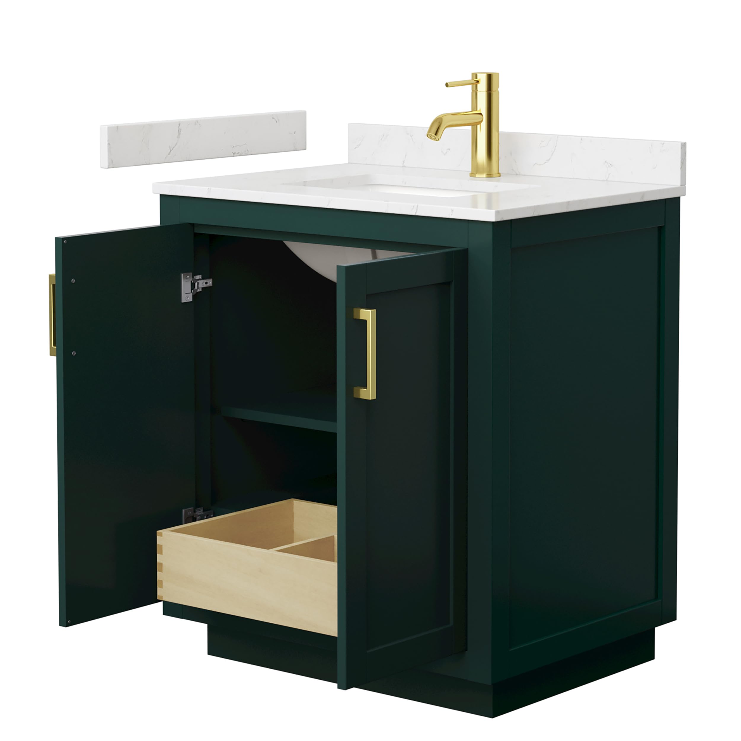 Wyndham Collection Miranda 30 Inch Single Bathroom Vanity with Light-Vein Carrara Cultured Marble Countertop & Undermount Sink - Brushed Gold Trim - Green Bathroom Vanity Set for Modern Home Decor