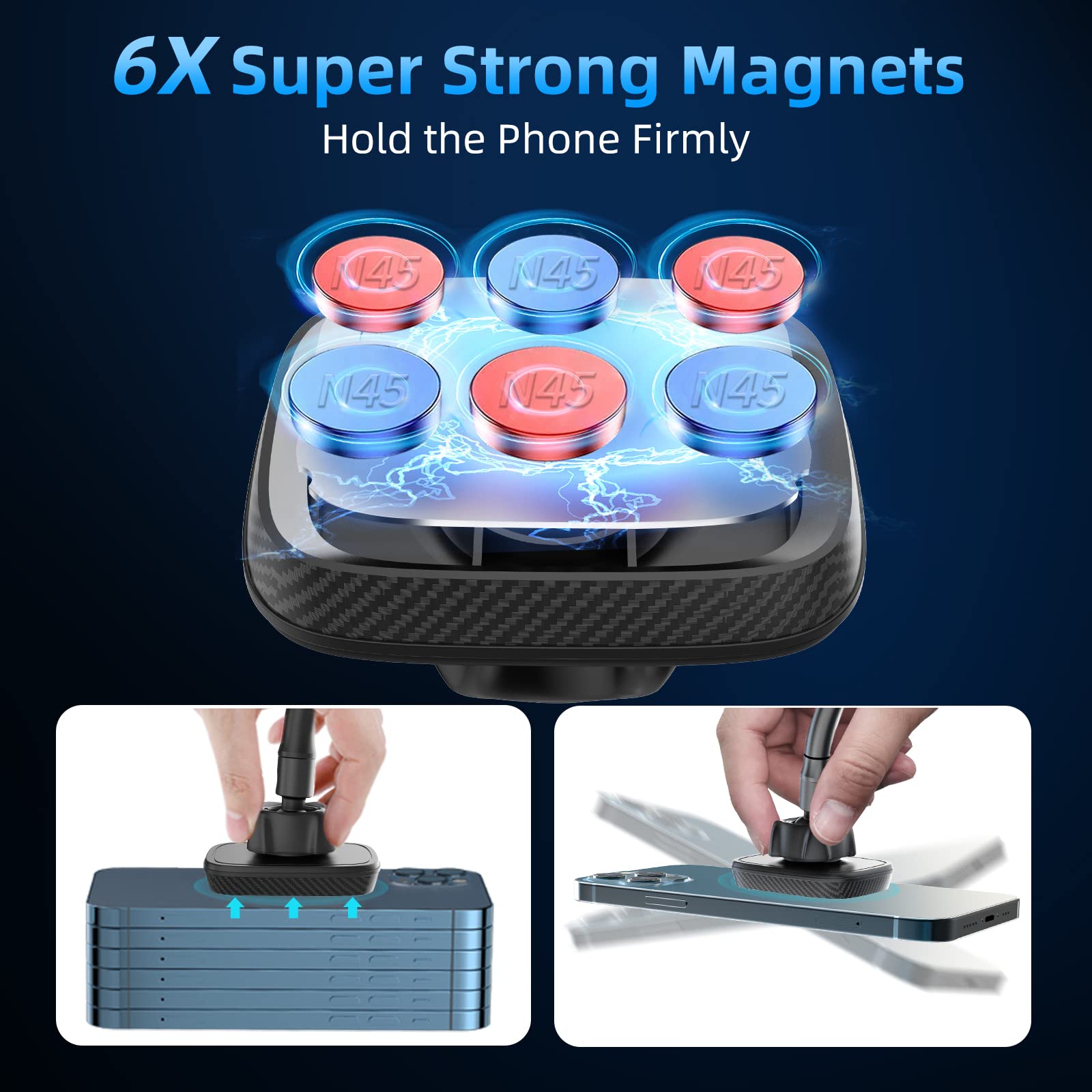 APPS2Car Magnetic Car Phone Holder Mount with 6 Strong Magnets - Universal Suction Cup Phone Mount for Windshield & Dashboard - Compatible with Most Smartphones & Mini Tablets - Perfect for Hands-Free Navigation & Safe Driving