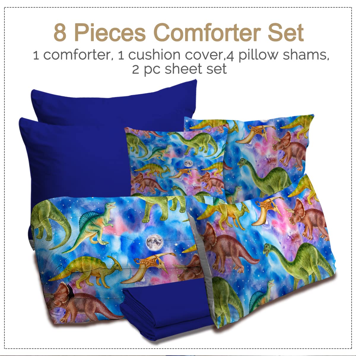 **BlessLiving Dinosaur Queen Bedding Set for Boys - Blue Space Themed 8-Piece Bed in a Bag with Comforter & Sheets (Queen Size) | Perfect for Kids' Bedrooms, Sleepovers & Themed Decor**