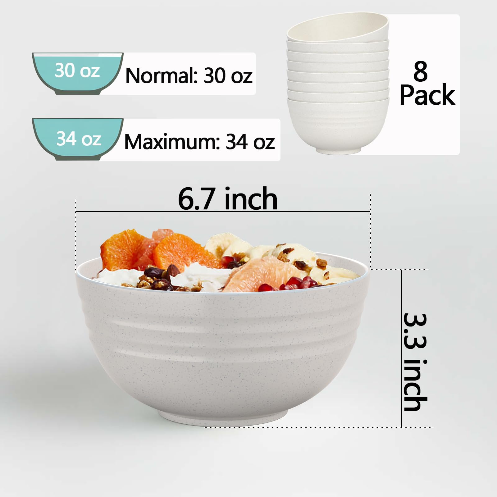 34oz Unbreakable Wheat Straw Fiber Cereal Bowls Set of 8 - BPA Free, Microwave & Dishwasher Safe, Lightweight Eco-Friendly Kitchen Bowls for Cereal, Salad, Soup, Snacks - Perfect for Family Meals, Picnics, and Office Lunches