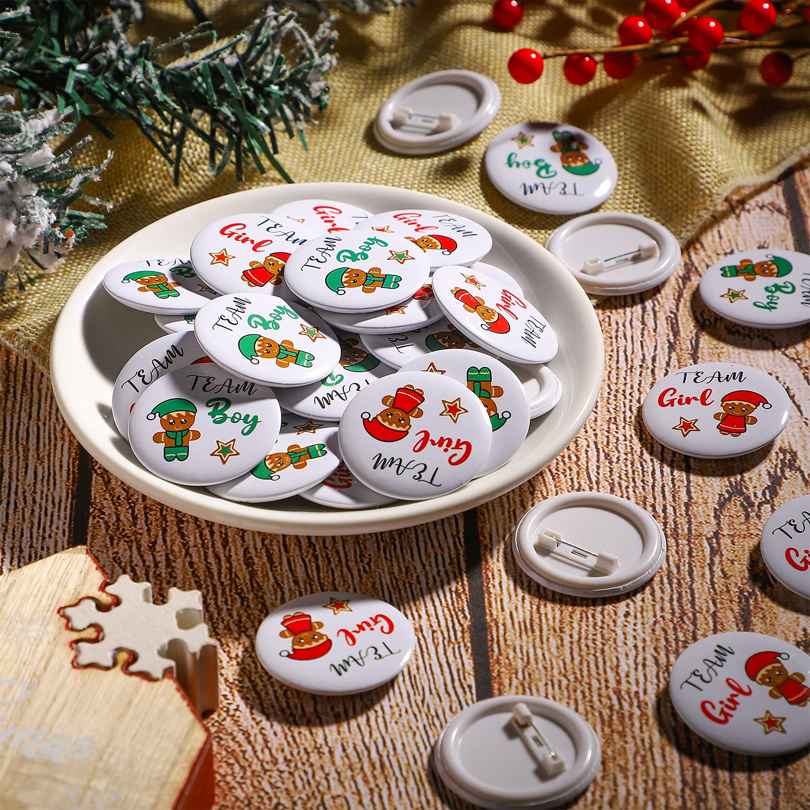 80Pcs Christmas Gingerbread Gender Reveal Pins - Boy & Girl Baby Shower Party Buttons - Holiday Gender Announcement Decor for Baby Shower, Christmas Party & Gender Reveal Events