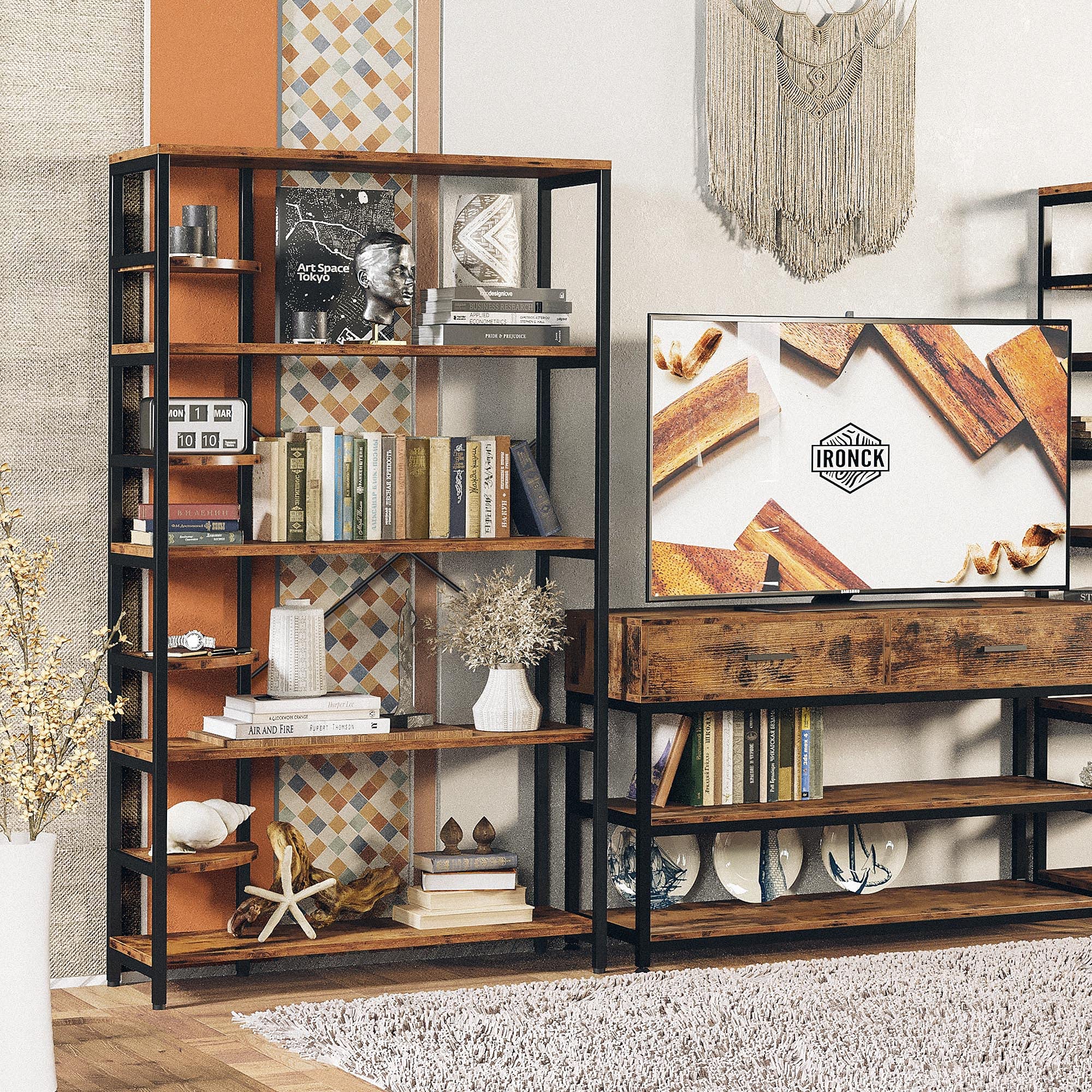 IRONCK 8-Tier Rustic Industrial Bookcase & Corner Ladder Shelf - Sturdy Storage Rack for Books, Plants & Decor - Perfect for Living Room, Home Office & Kitchen Organization