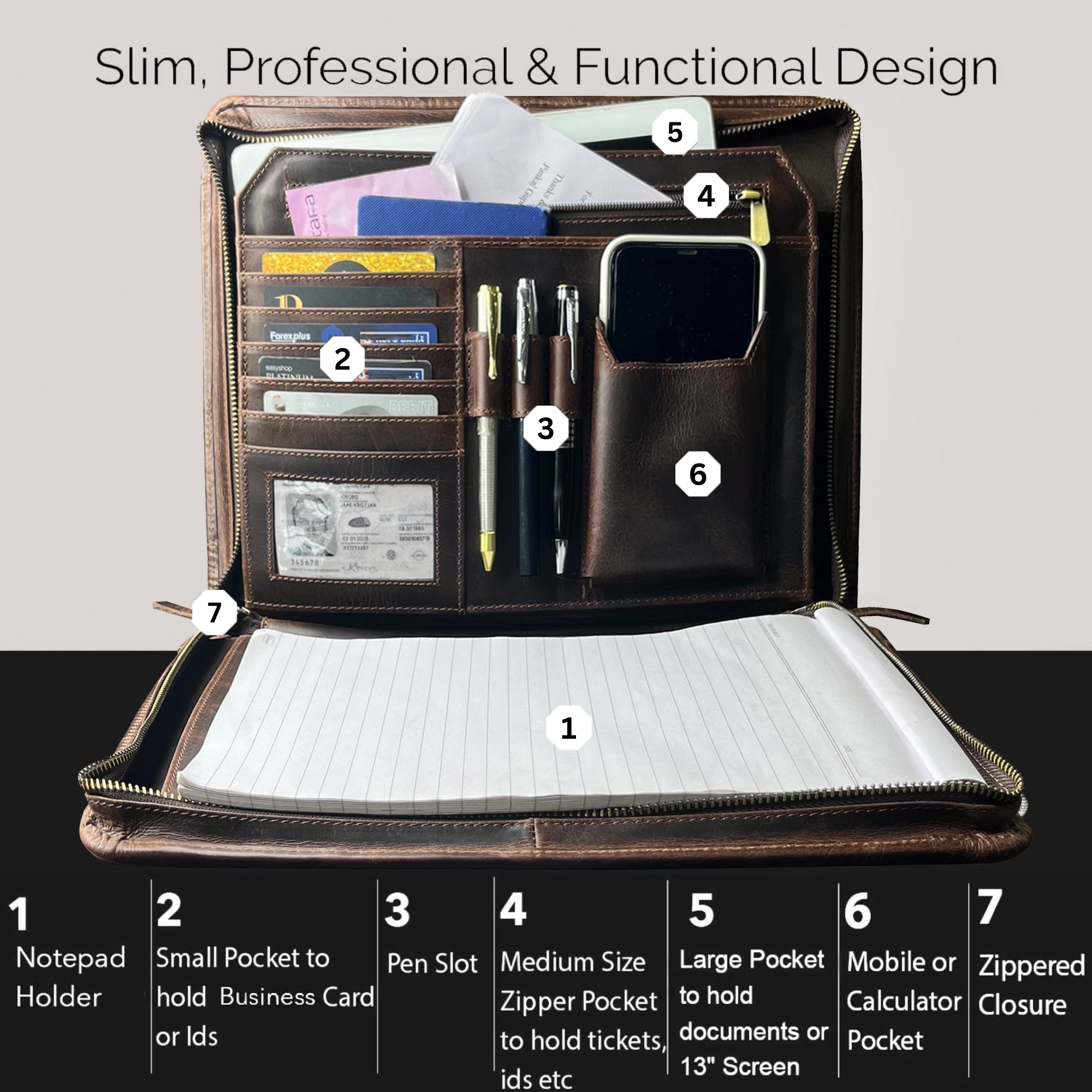 Premium Kingsman Business Leather Portfolio - Dark Brown Professional Document Holder for Meetings, Presentations & Office Use
