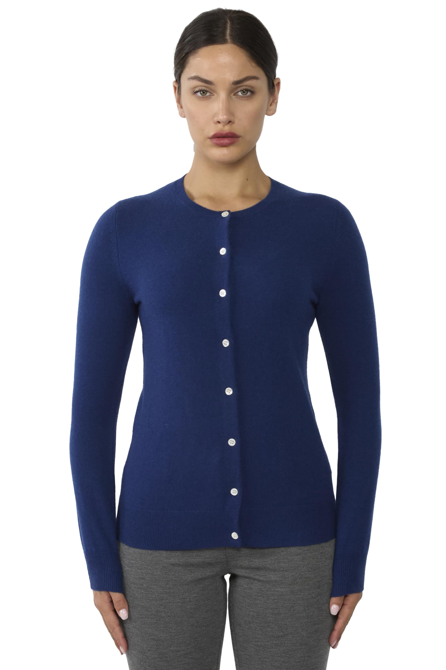 JENNIE LIU Women's 100% Pure Cashmere Button Front Long Sleeve Crewneck Cardigan Sweater | Soft & Warm Winter Knitwear | Perfect for Office, Lounge & Casual Outfits