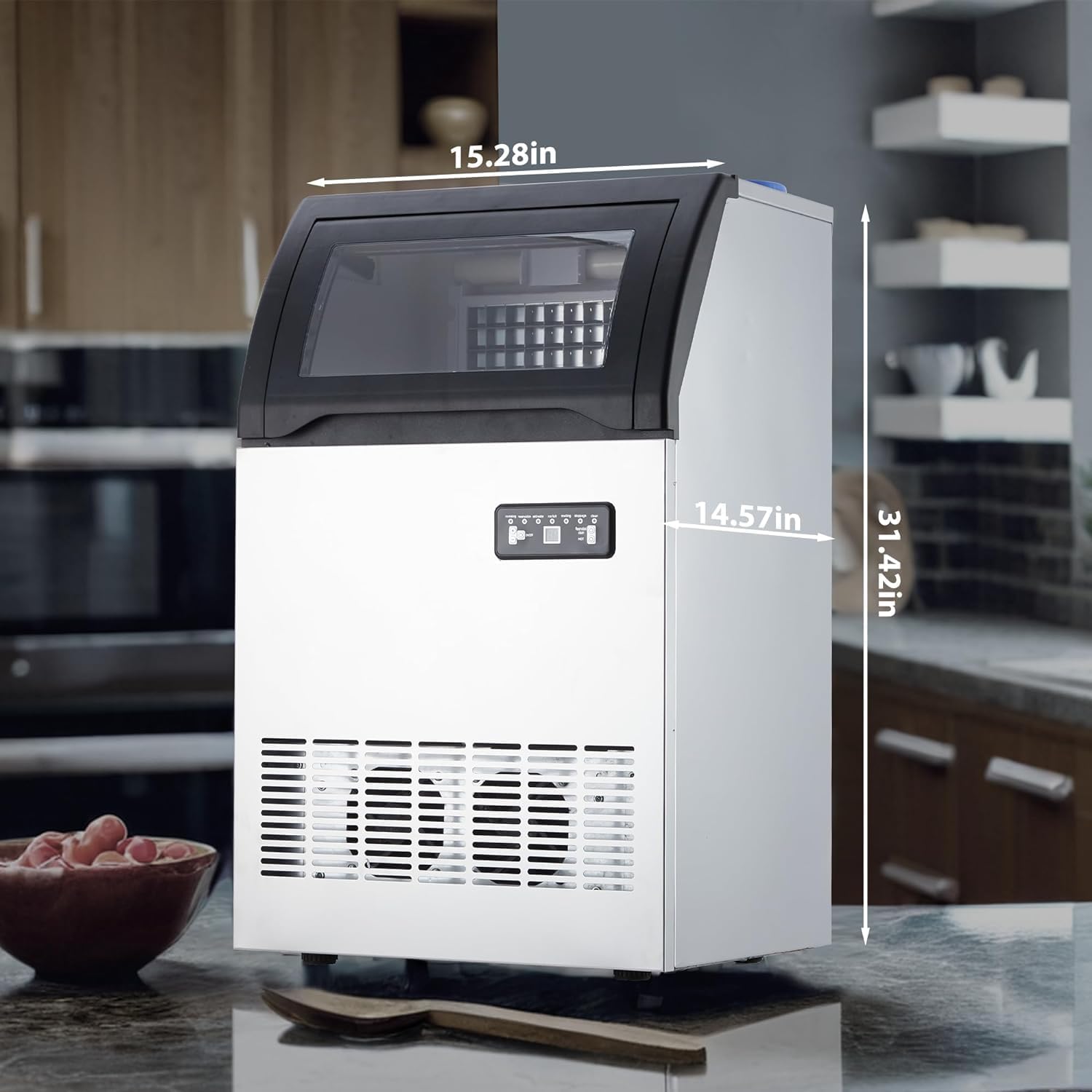 Commercial Ice Maker Machine 120Lbs/24H, 28Lbs Storage, Makes 45 Clear Ice Cubes in 11-20 Mins - Dual Water Inlet Modes with Ice Scoop & Drain Pipe - Perfect for Restaurants, Bars, Cafes & Home Use