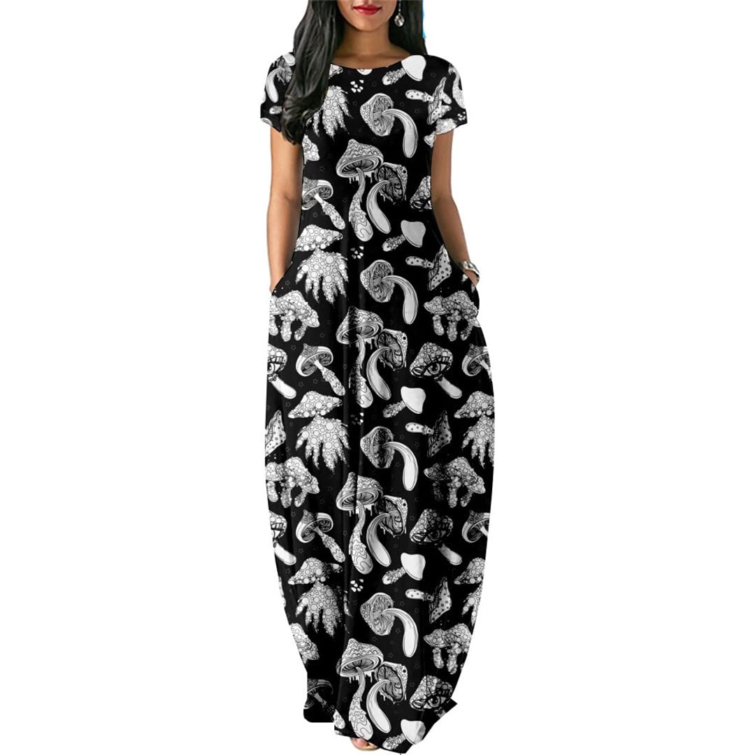 Women's Casual Short Sleeve Mushroom Print Dress - Loose Fit Long Dress with Double Pockets for Beach, Vacation, Summer Outings and Daily Wear