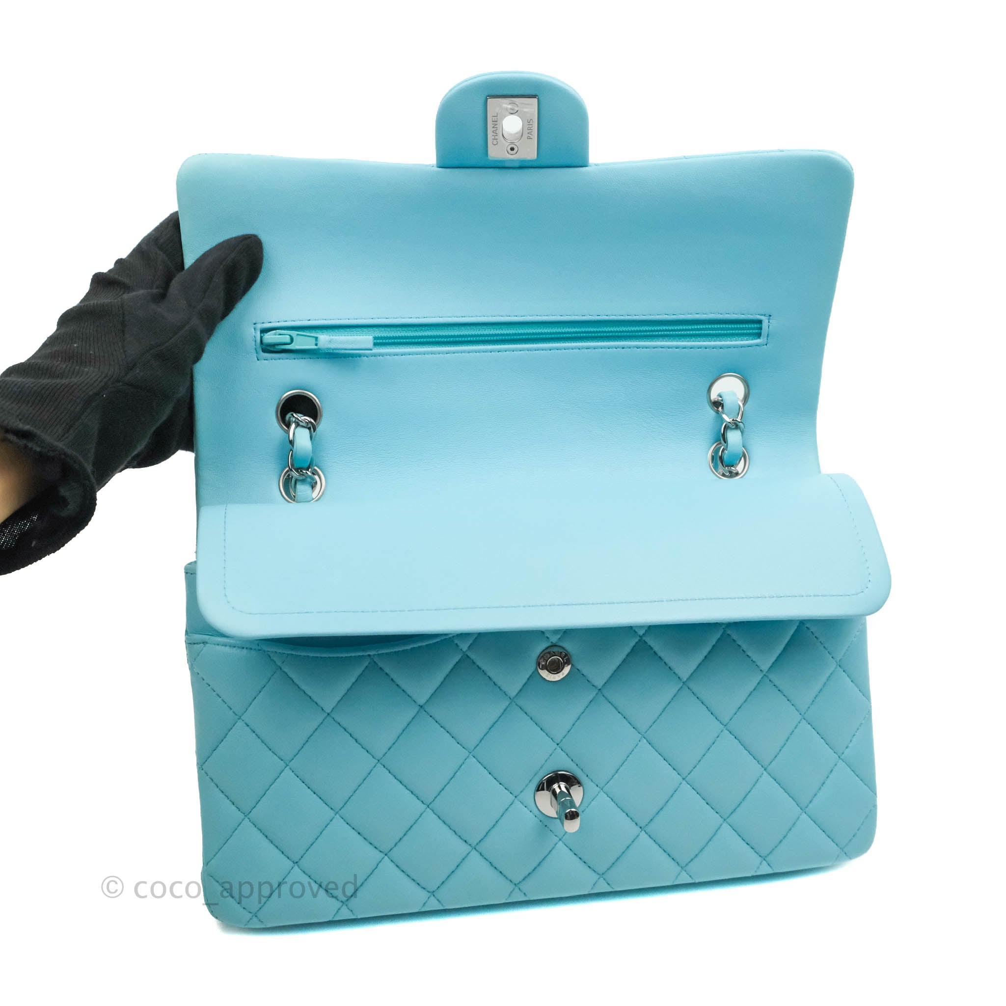 Chanel Classic Medium Double Flap Bag in Tiffany Neon Blue Lambskin with Silver Hardware 21S Collection - Perfect for Evening Events & Luxury Fashion Accessories