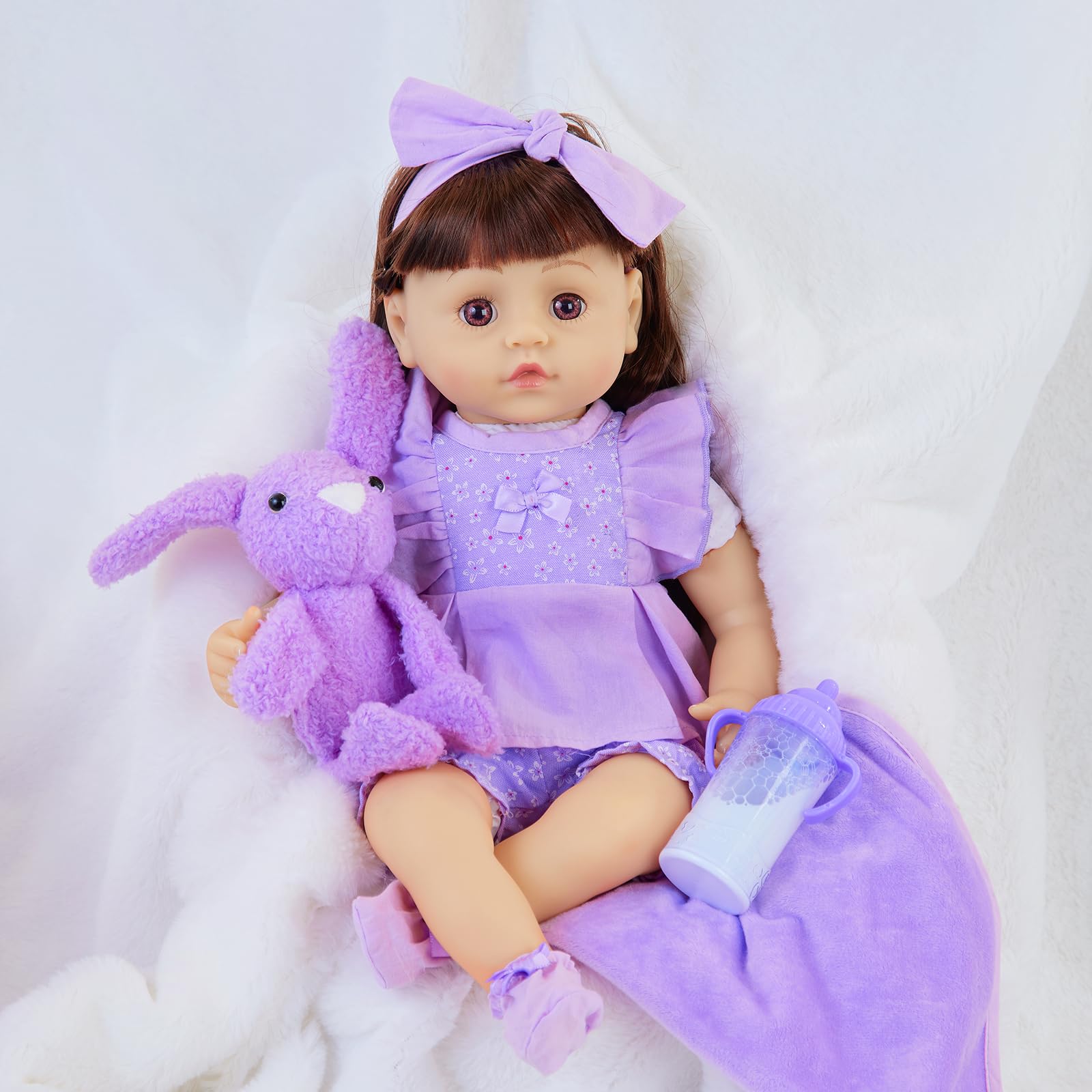 11-Piece Purple Floral Baby Doll Clothes Set with Bassinet & Accessories for 16-18 Inch Reborn Dolls | Perfect for Dress-Up, Role Play & Gift Giving