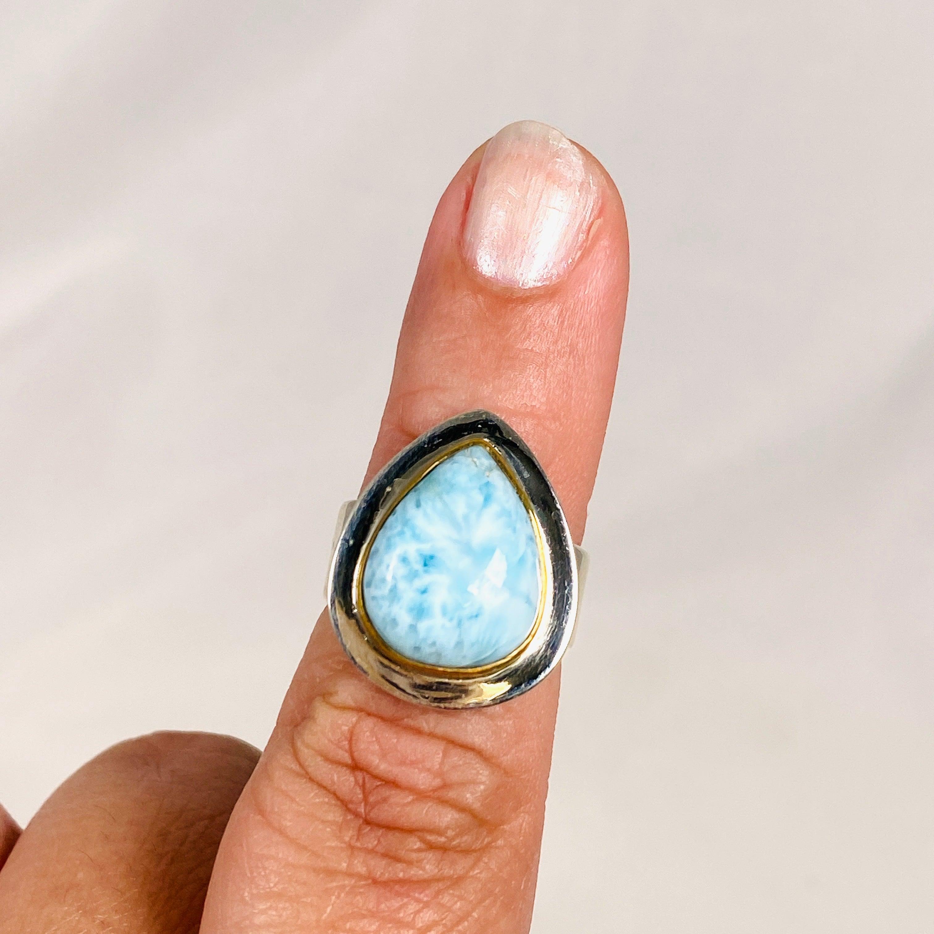 Larimar Teardrop Ring with Brass Detailing - Size 6 - Handmade Sterling Silver Jewelry - KRGJ3087 - Perfect for Boho Style, Beach Wedding & Everyday Wear